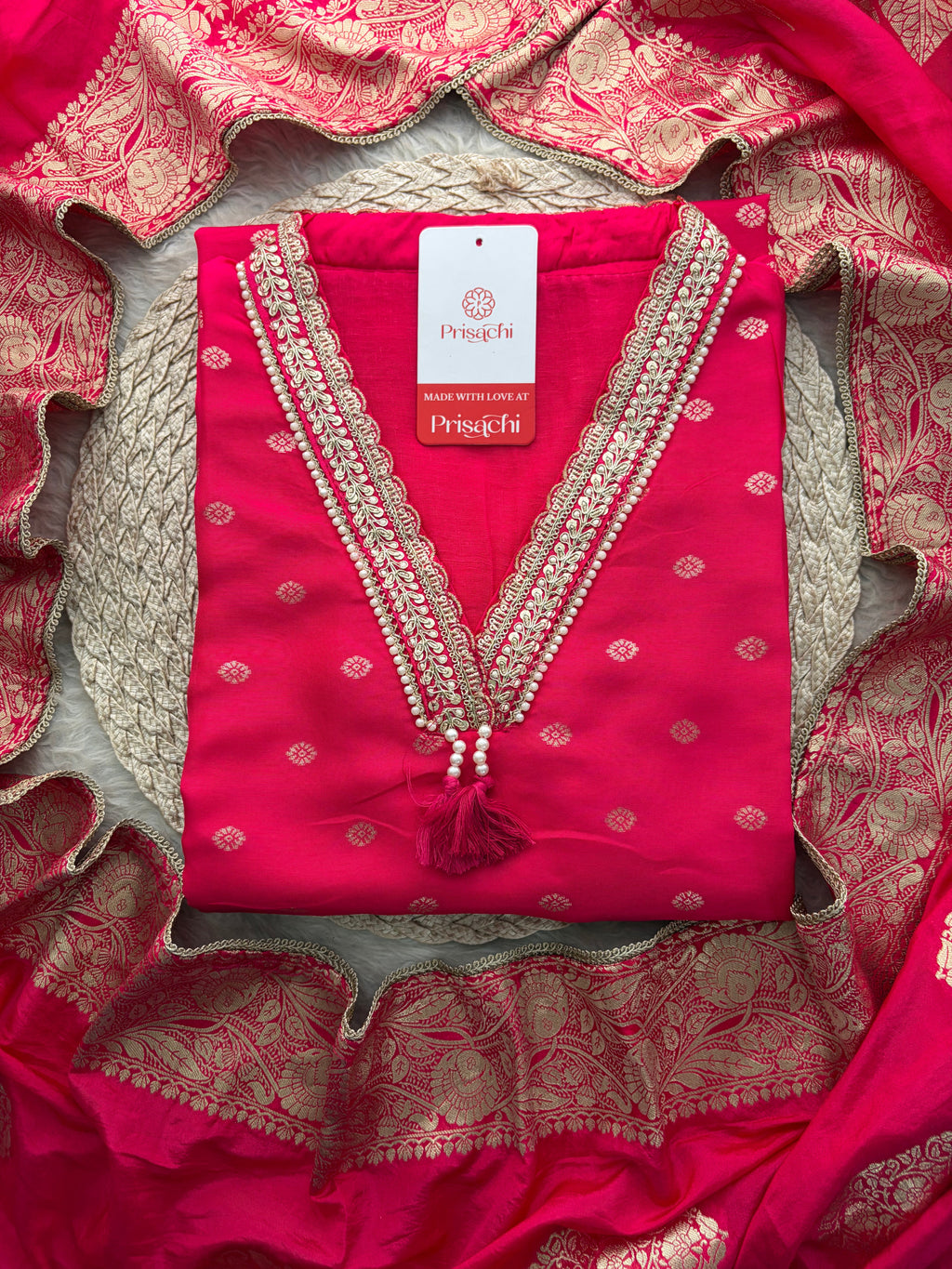 Pink Embroidered Ethnic Kurta Set for Women with Banarasi Dupatta & Pants
