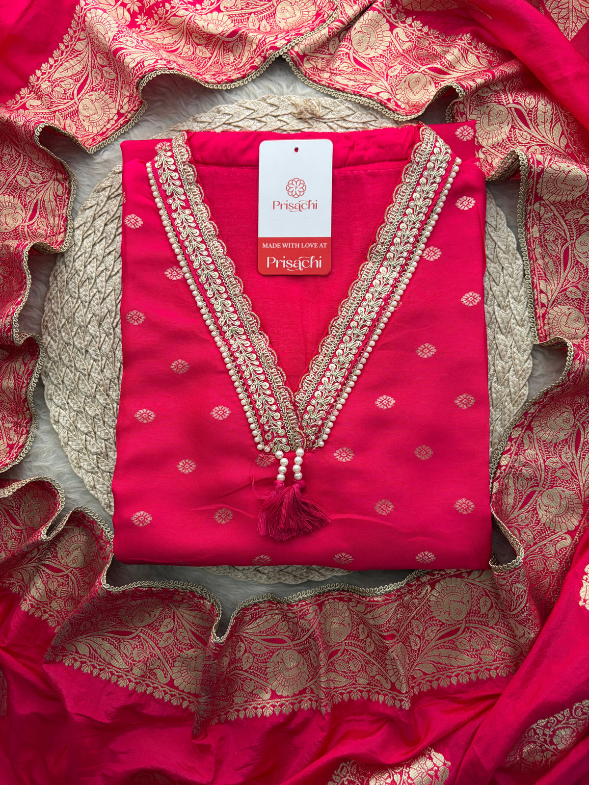 Pink Embroidered Ethnic Kurta Set for Women with Banarasi Dupatta & Pants