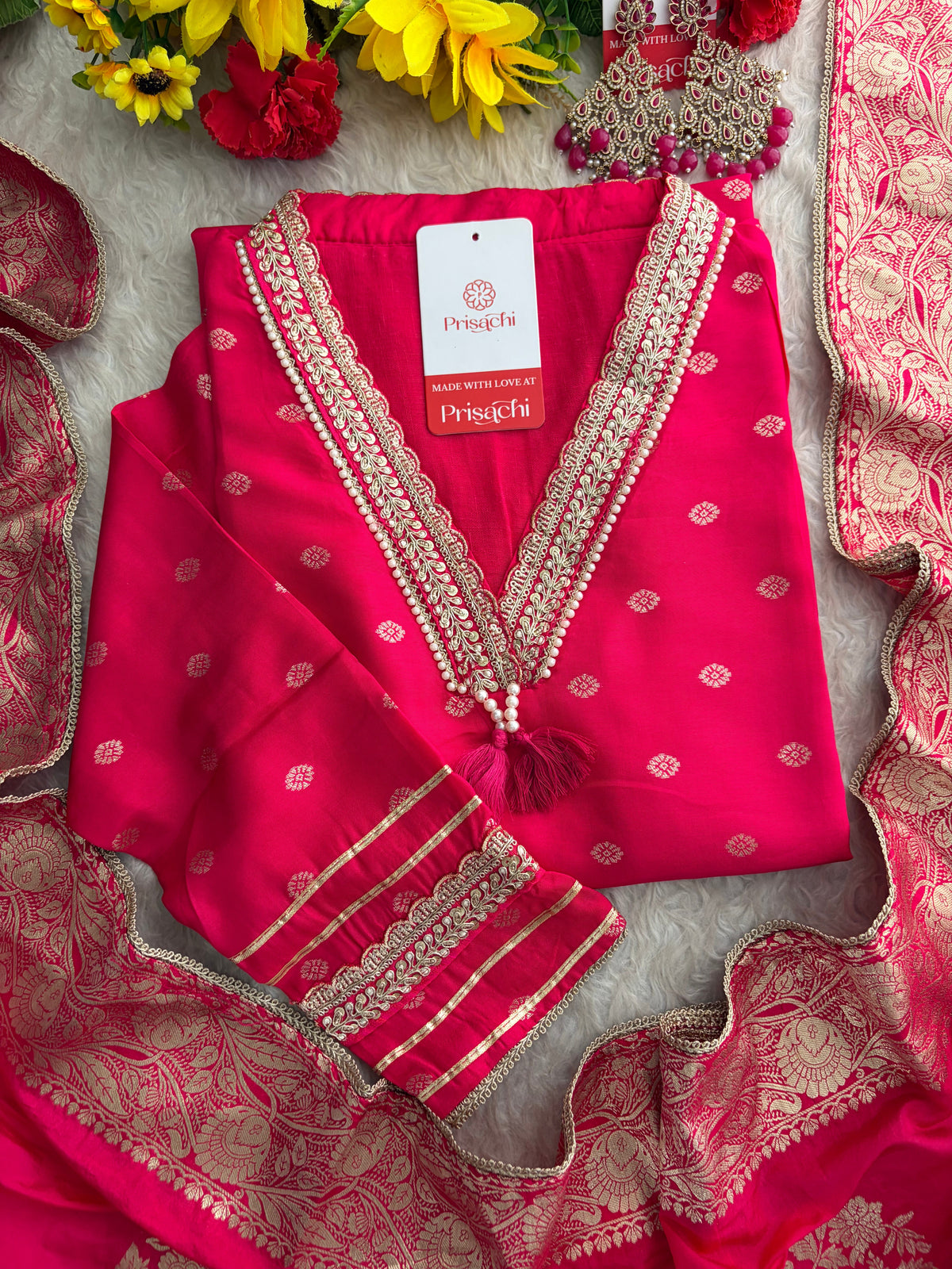 Pink Embroidered Ethnic Kurta Set for Women with Banarasi Dupatta & Pants