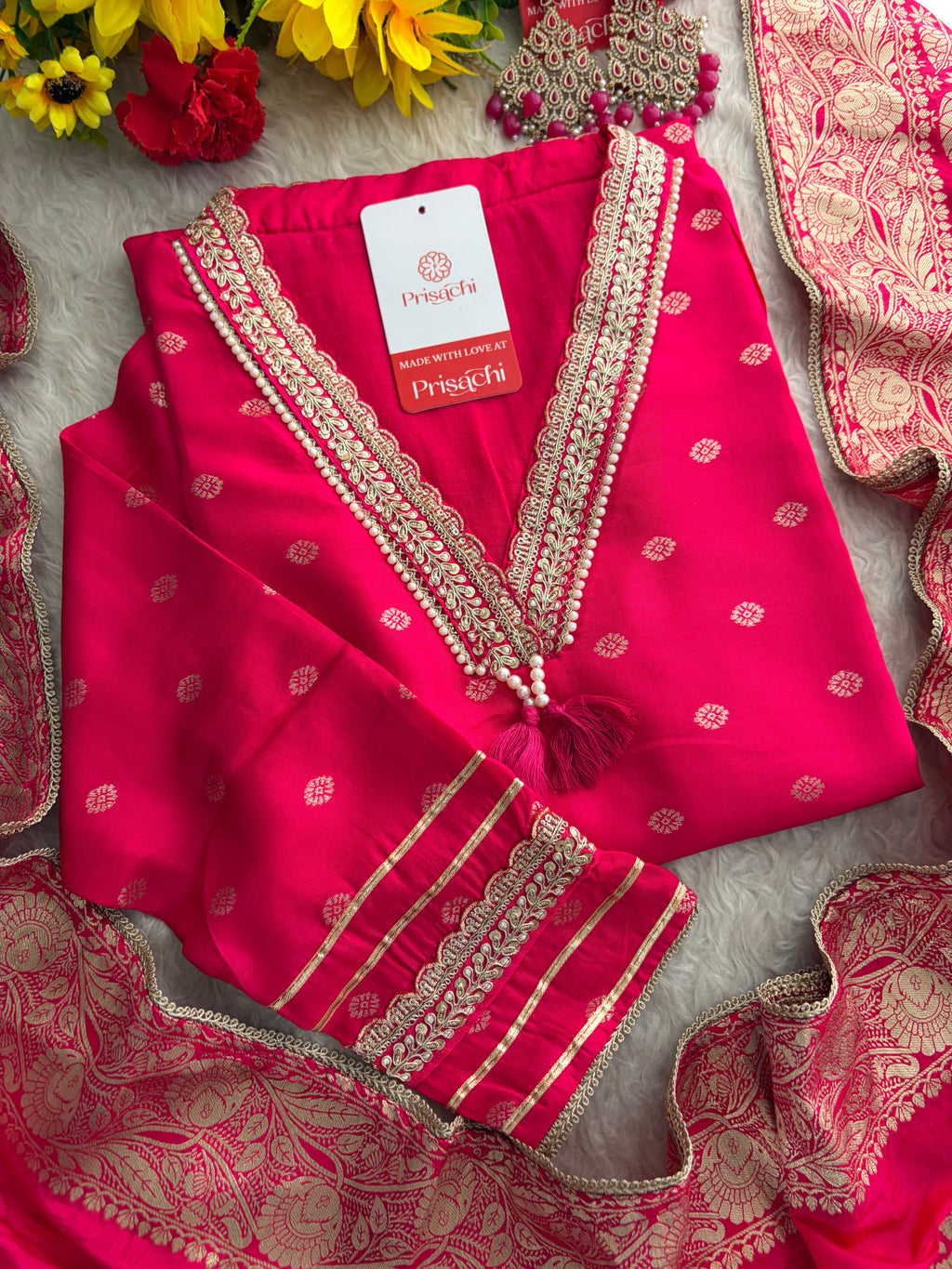 Pink Embroidered Ethnic Kurta Set for Women with Banarasi Dupatta & Pants