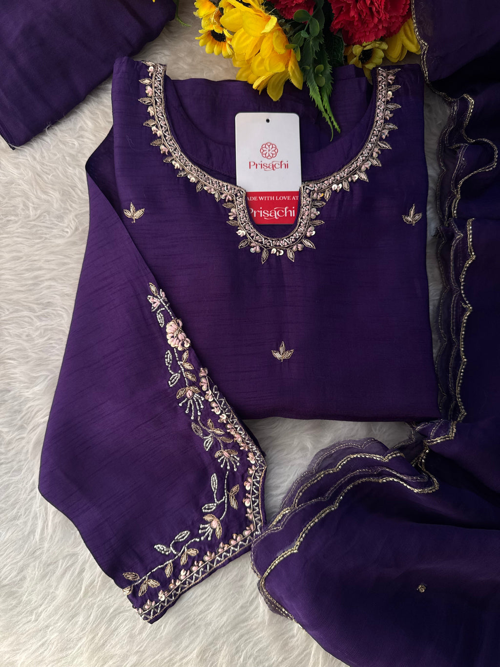 Purple Designer Embroidered Kurta Set with Pants & Dupatta Ethnic Wear