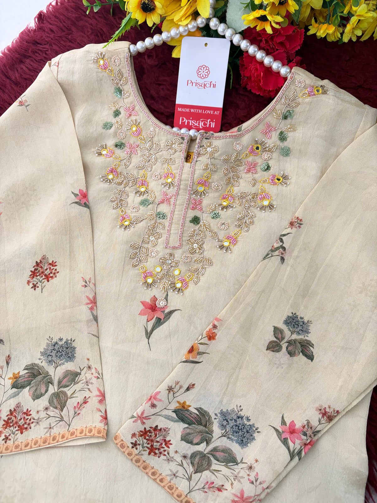Cream Floral Printed Embroidered Kurta Set with Pants & Dupatta for Women | Festive Ethnic Suit