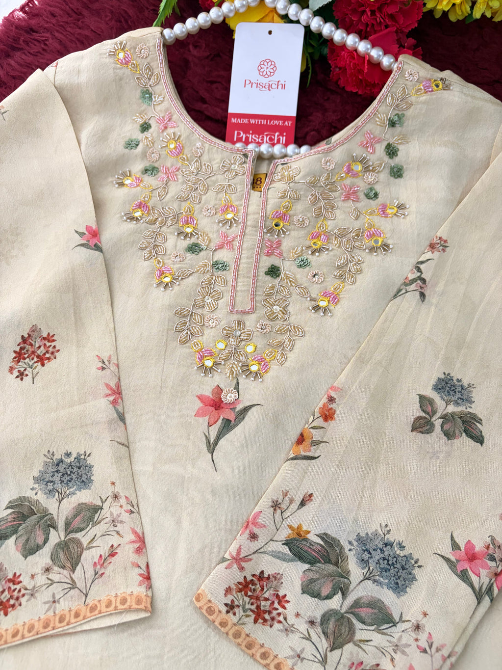 Cream Floral Printed Embroidered Kurta Set with Pants & Dupatta for Women | Festive Ethnic Suit