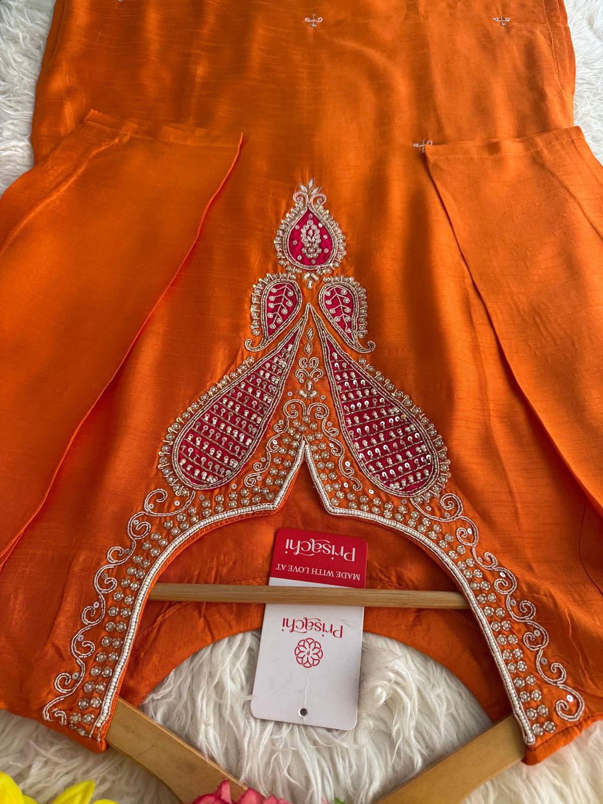 Orange Designer Embroidered Kurta Set for Women with Dupatta & Pants - Prisachi