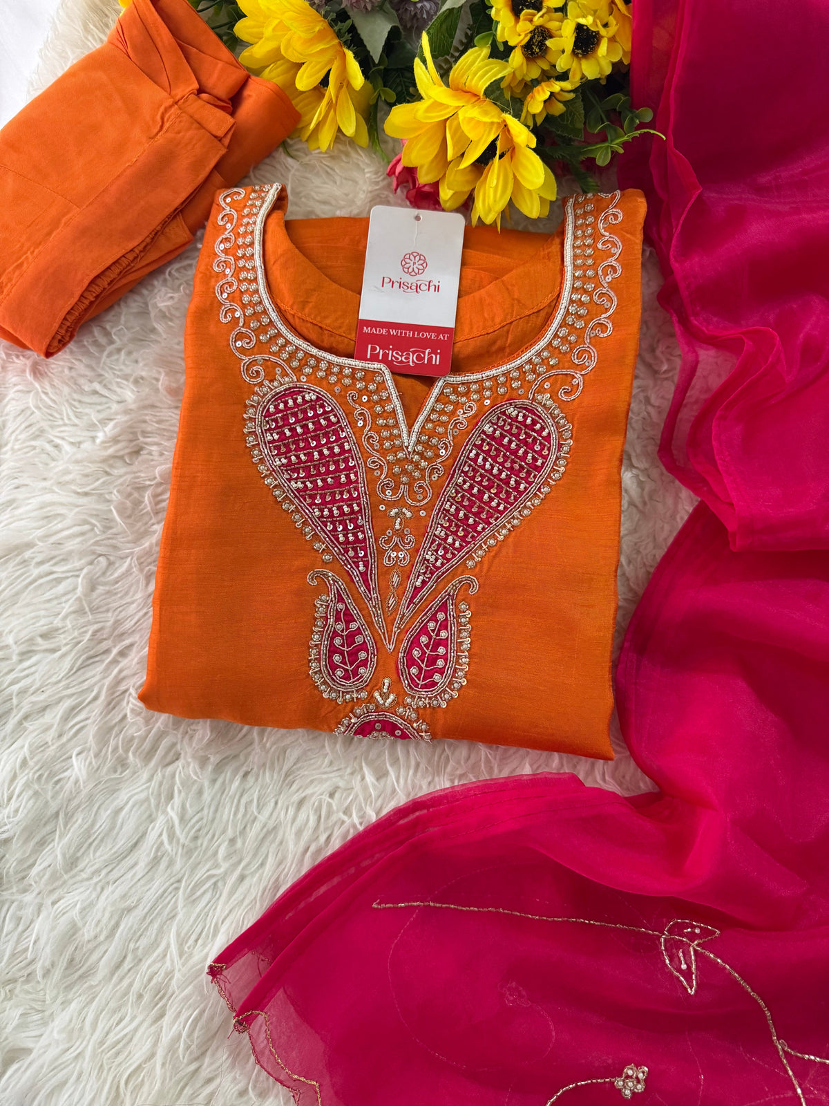 Orange Designer Embroidered Kurta Set for Women with Dupatta & Pants - Prisachi