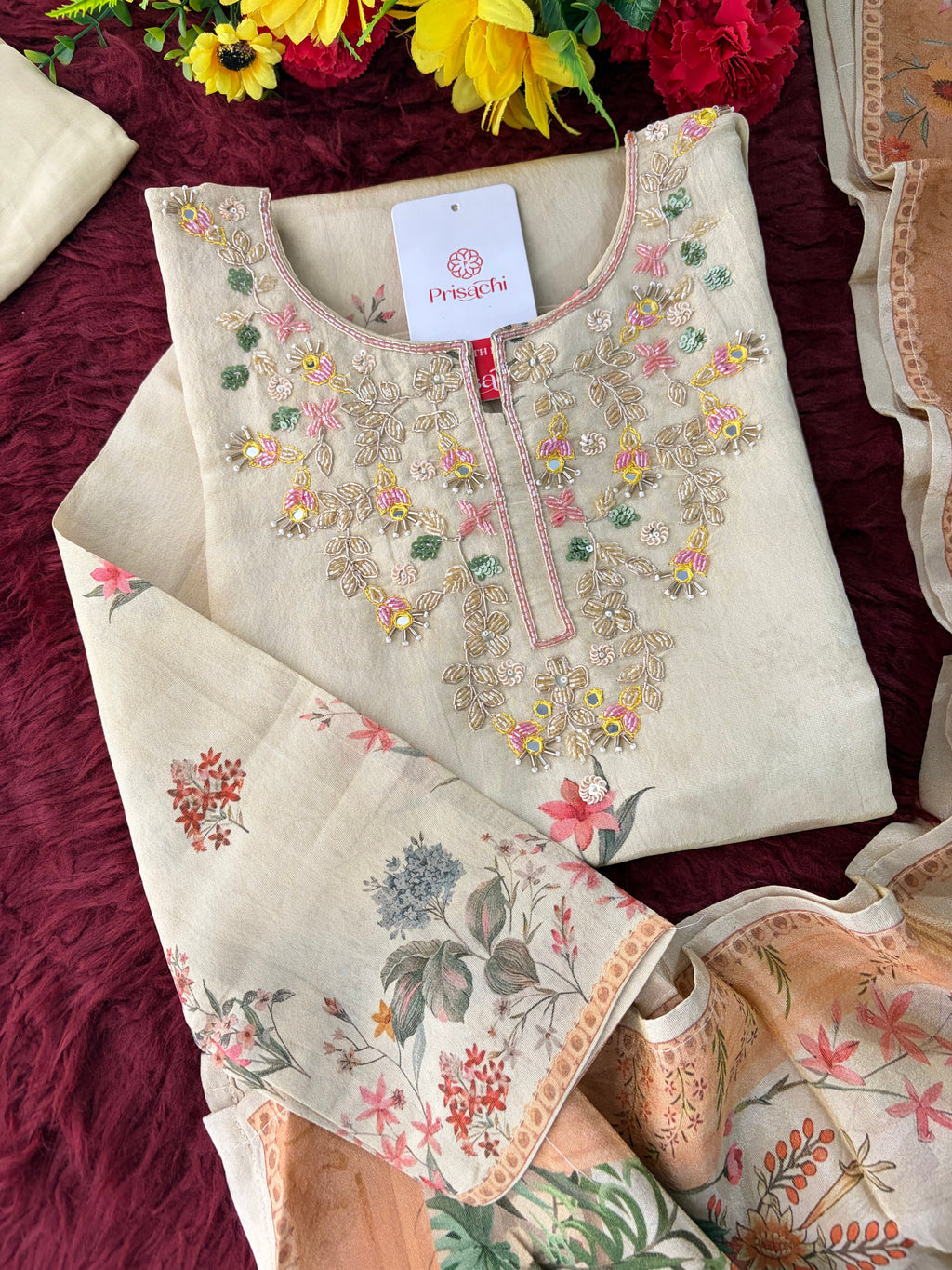 Cream Floral Printed Embroidered Kurta Set with Pants & Dupatta for Women | Festive Ethnic Suit