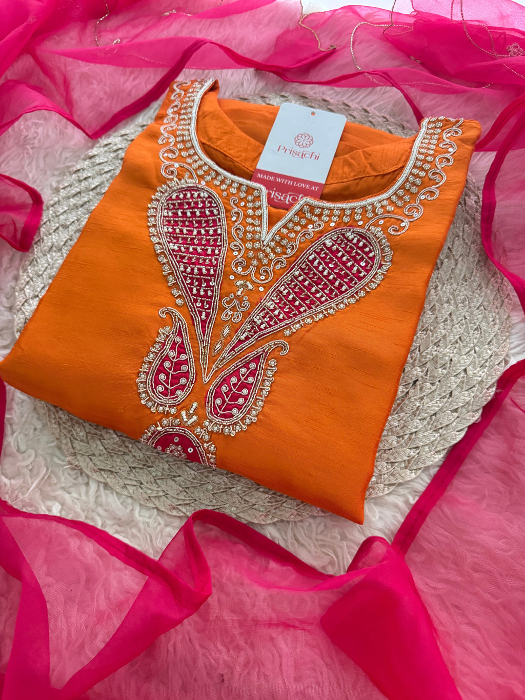 Orange Designer Embroidered Kurta Set for Women with Dupatta & Pants - Prisachi