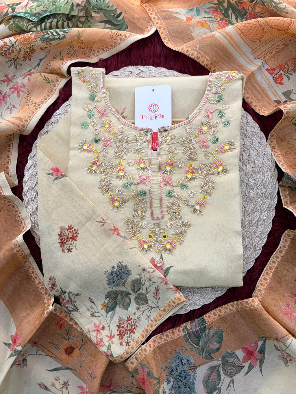 Cream Floral Printed Embroidered Kurta Set with Pants & Dupatta for Women | Festive Ethnic Suit