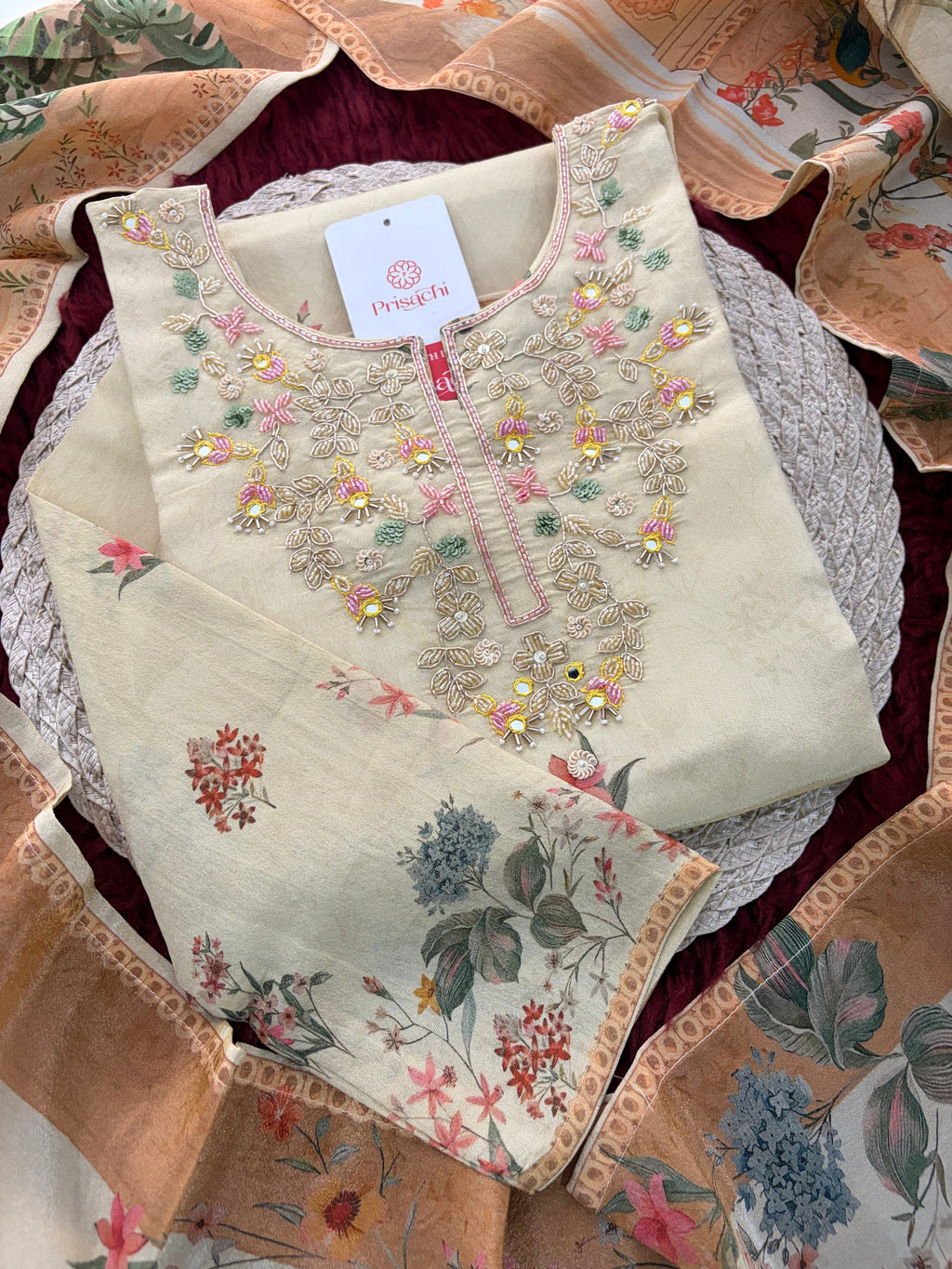 Cream Floral Printed Embroidered Kurta Set with Pants & Dupatta for Women | Festive Ethnic Suit