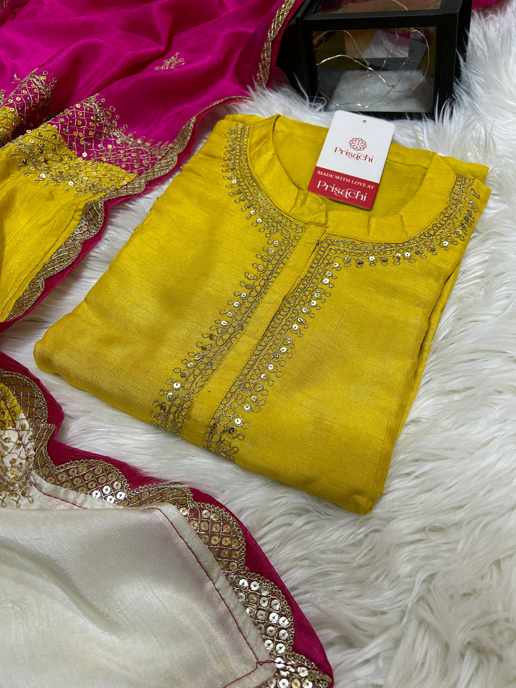 Mustard Yellow Embroidered Silk Kurta with Straight Pant & Vibrant Multicolor Dupatta Set