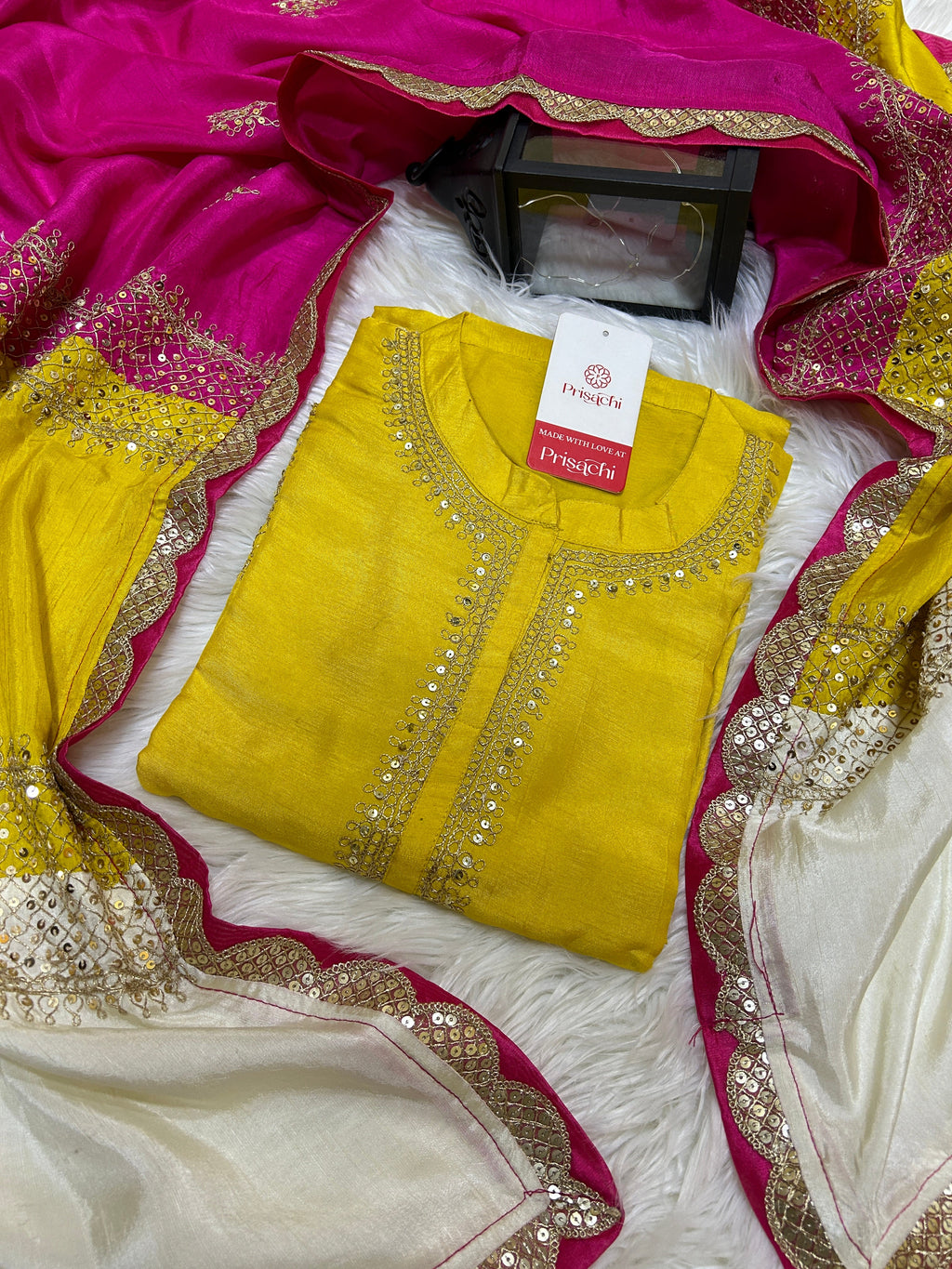 Mustard Yellow Embroidered Silk Kurta with Straight Pant & Vibrant Multicolor Dupatta Set