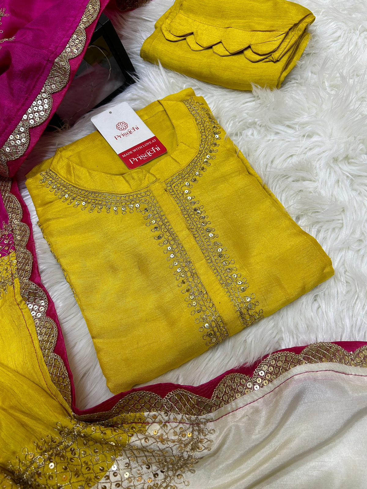 Mustard Yellow Embroidered Silk Kurta with Straight Pant & Vibrant Multicolor Dupatta Set