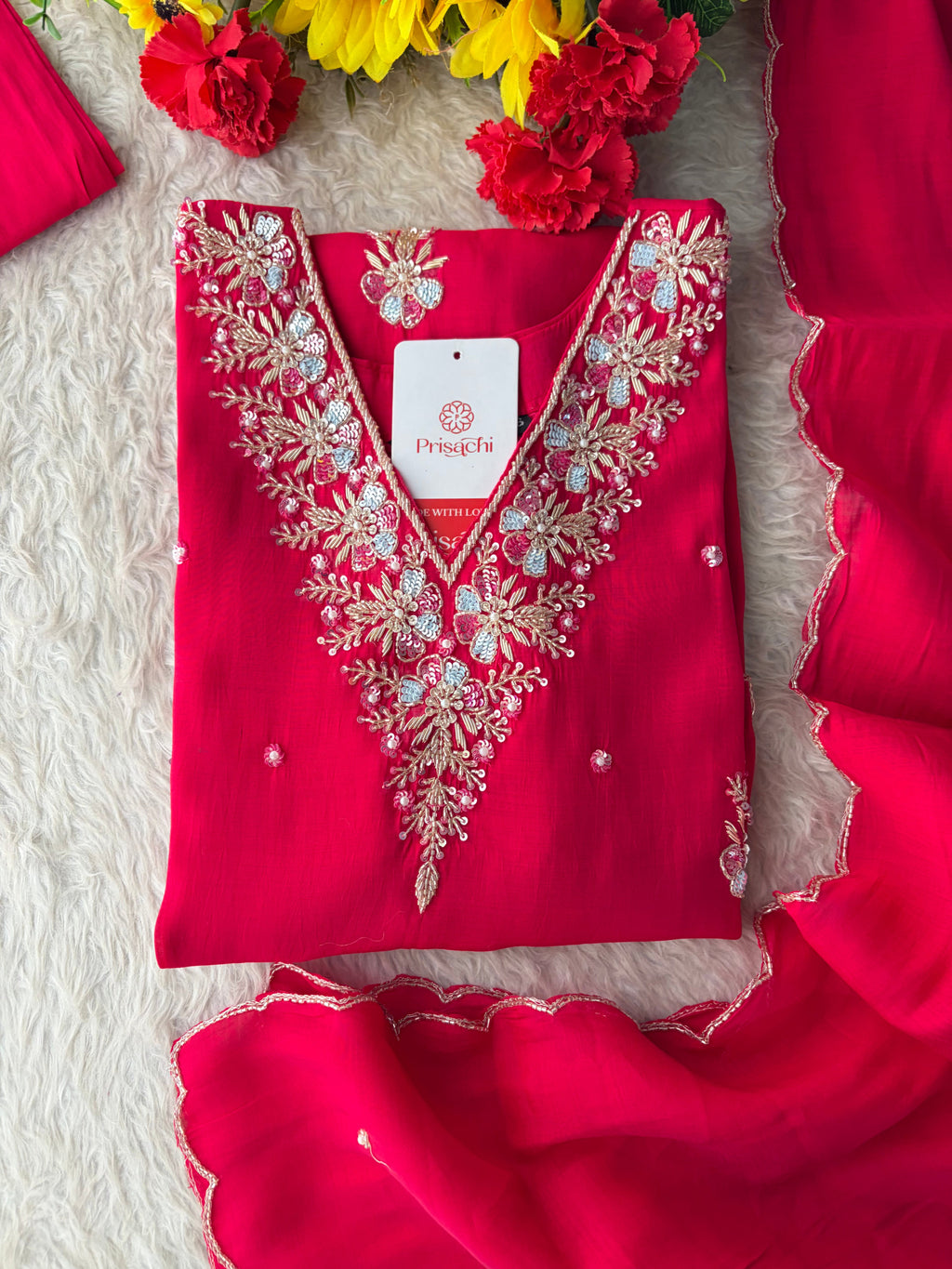 Orange Zardozi Embroidered Ethnic Kurta Set for Women with Dupatta & Pants | Festive Traditional Suit Set