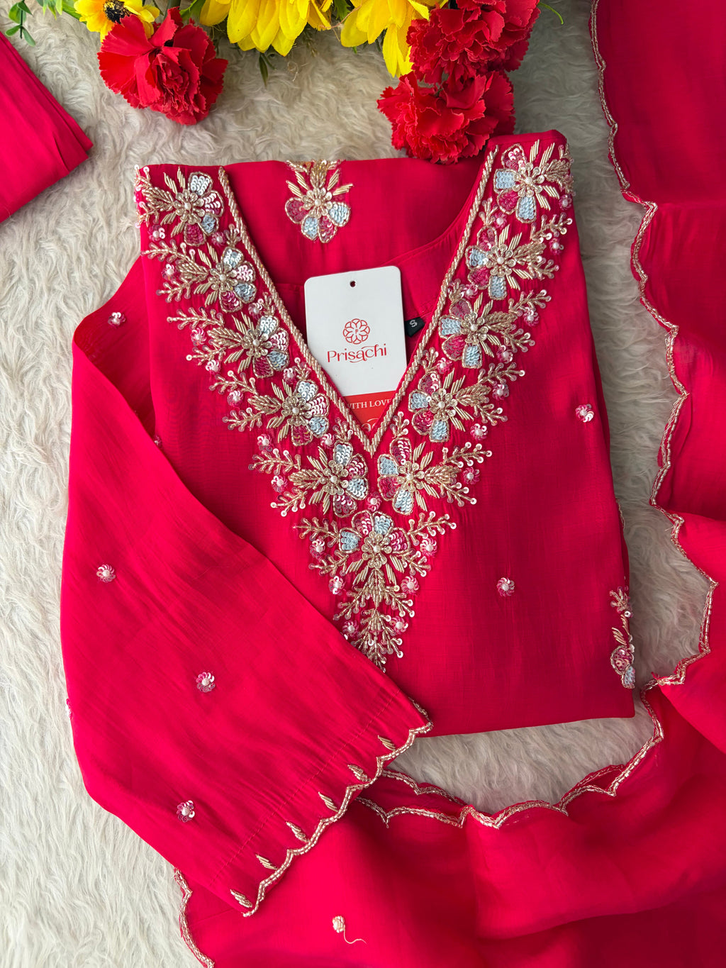 Orange Zardozi Embroidered Ethnic Kurta Set for Women with Dupatta & Pants | Festive Traditional Suit Set