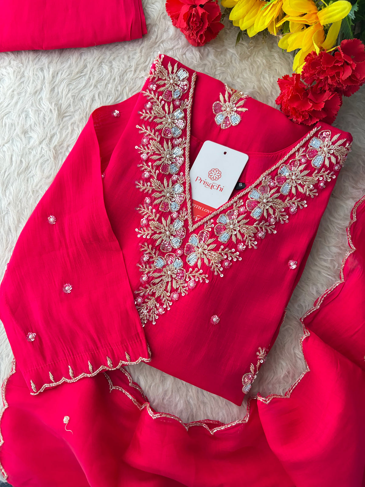 Orange Zardozi Embroidered Ethnic Kurta Set for Women with Dupatta & Pants | Festive Traditional Suit Set