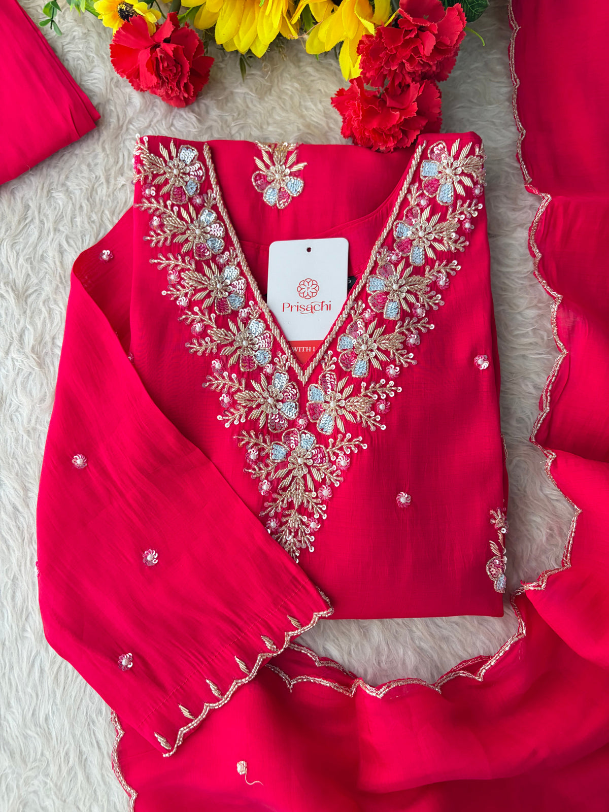 Orange Zardozi Embroidered Ethnic Kurta Set for Women with Dupatta & Pants | Festive Traditional Suit Set