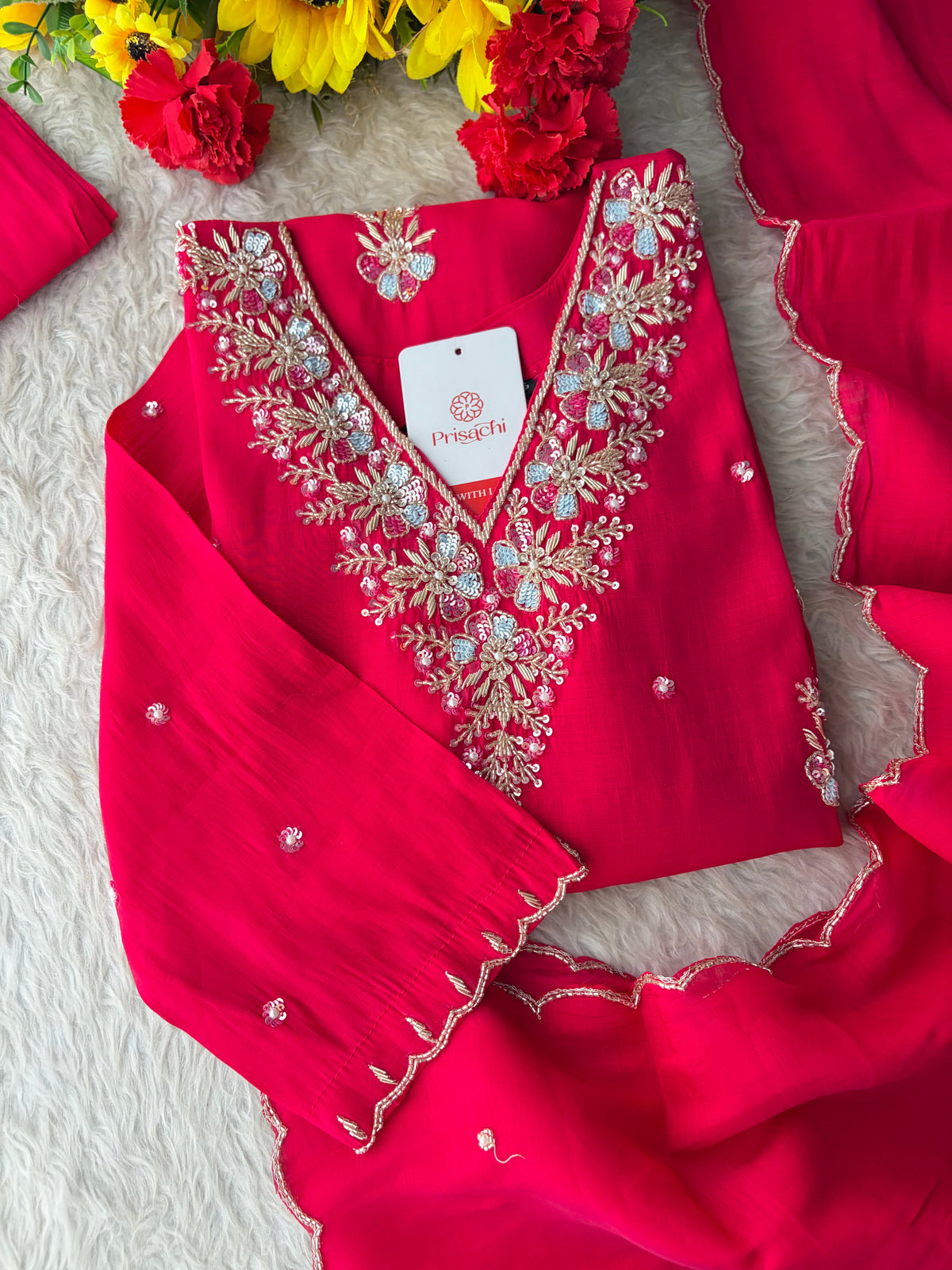 Orange Zardozi Embroidered Ethnic Kurta Set for Women with Dupatta & Pants | Festive Traditional Suit Set
