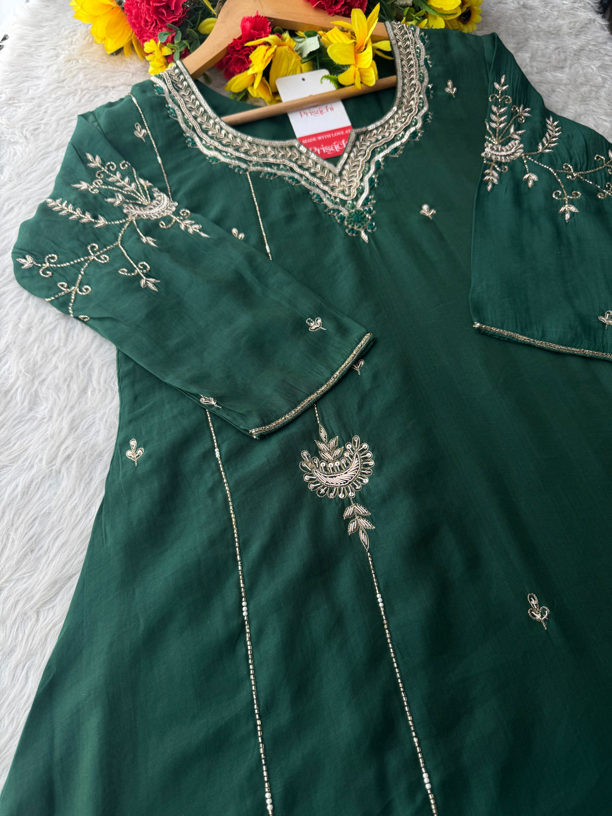 Pink Embroidered A-Line kurta set with dupatta and Pant