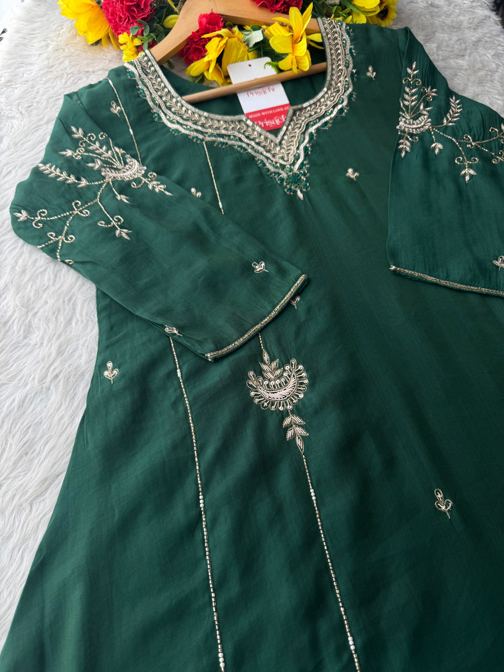 Green  Embroidered Ethnic A-Line kurta set with dupatta and Pants | Traditional Suit Set