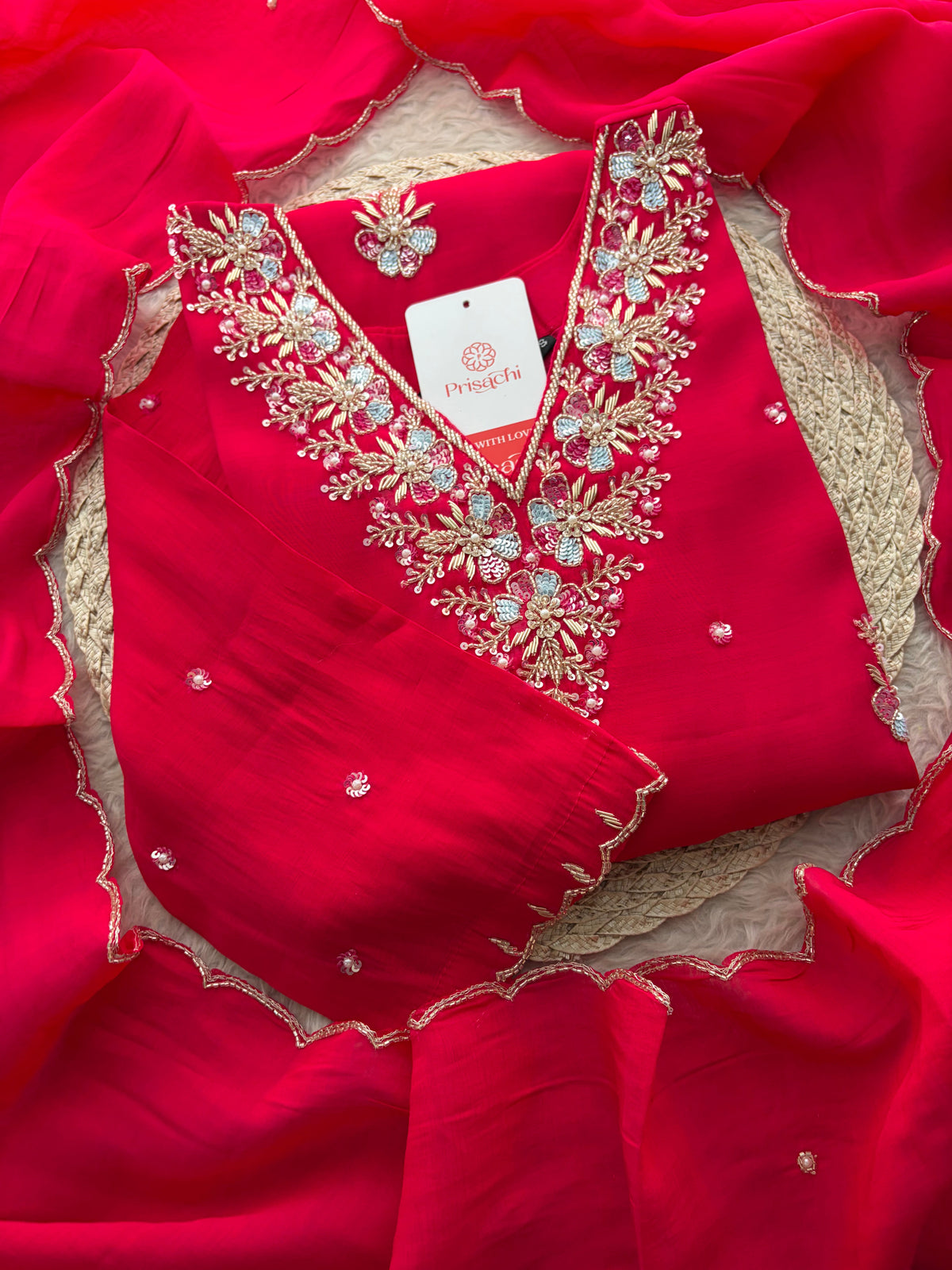Orange Zardozi Embroidered Ethnic Kurta Set for Women with Dupatta & Pants | Festive Traditional Suit Set