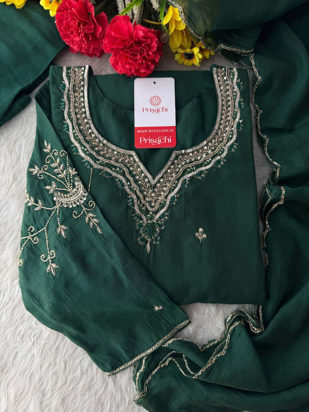 Pink Embroidered A-Line kurta set with dupatta and Pant