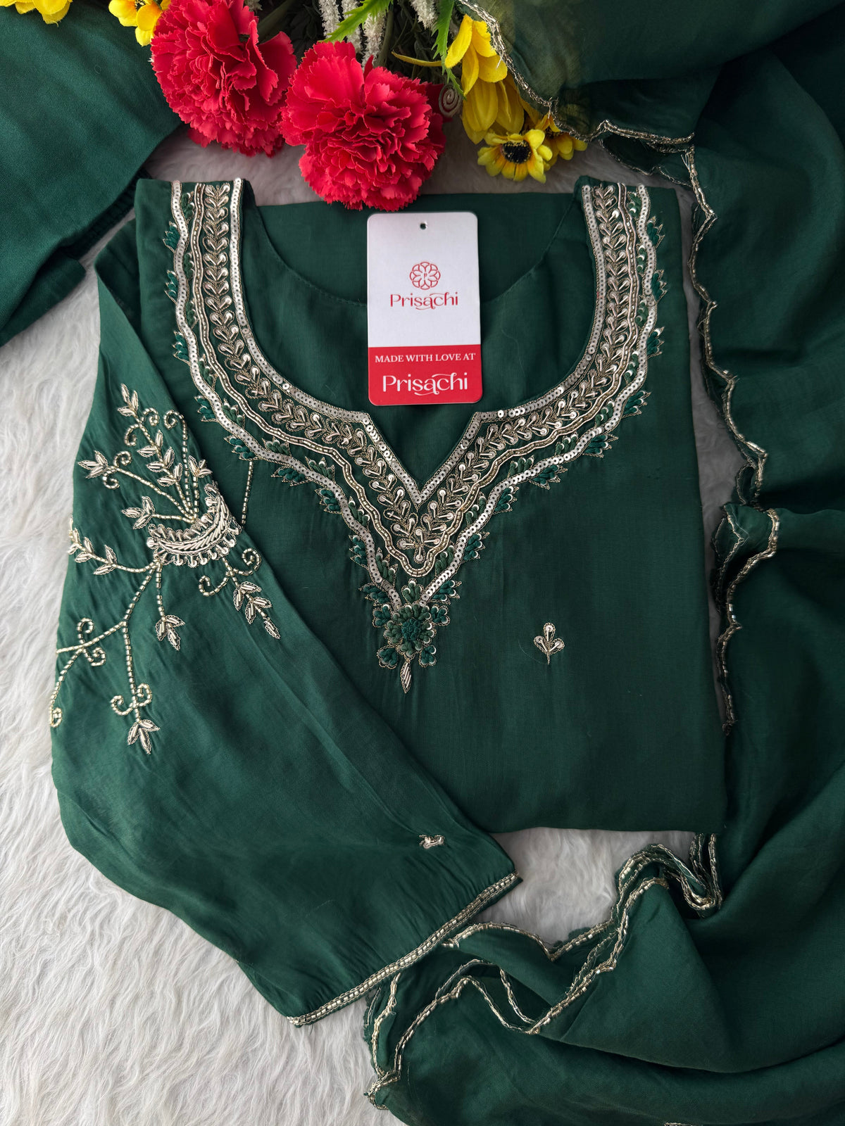 Pink Embroidered A-Line kurta set with dupatta and Pant