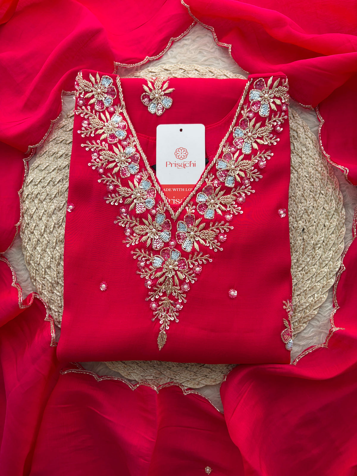 Orange Zardozi Embroidered Ethnic Kurta Set for Women with Dupatta & Pants | Festive Traditional Suit Set