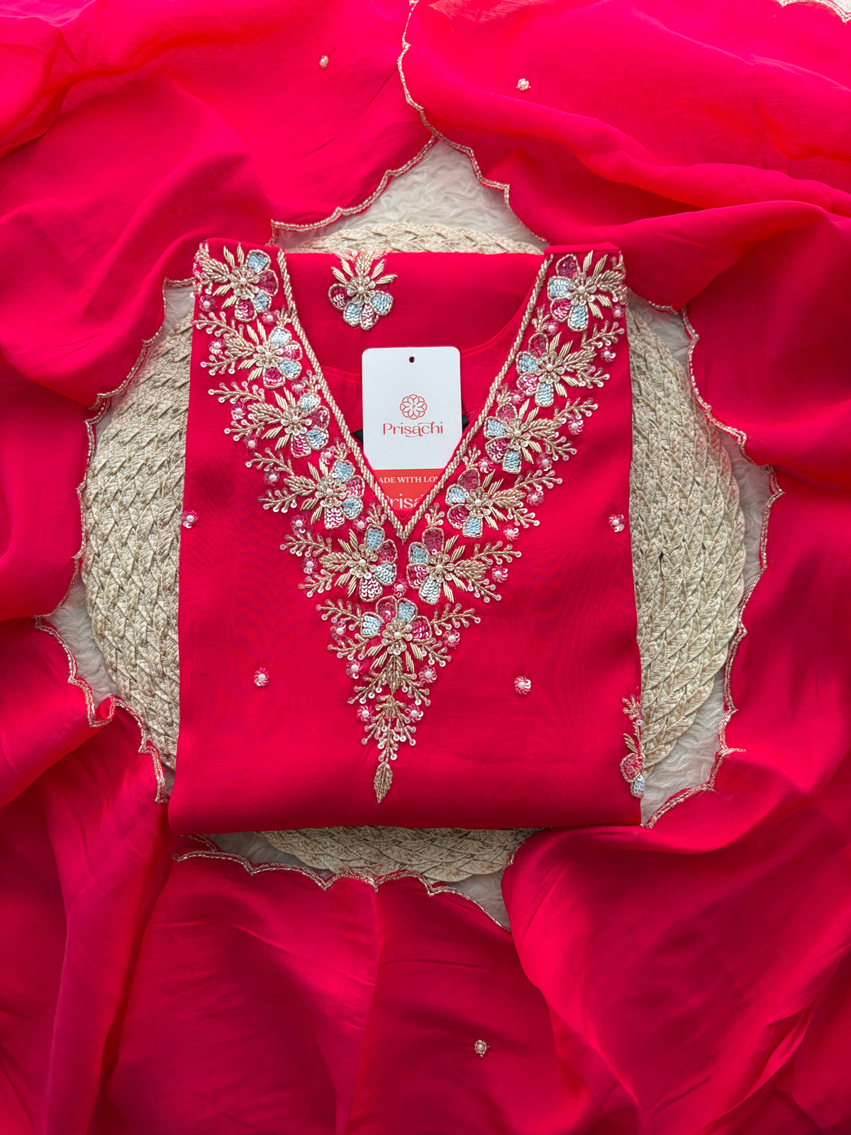 Orange Zardozi Embroidered Ethnic Kurta Set for Women with Dupatta & Pants | Festive Traditional Suit Set