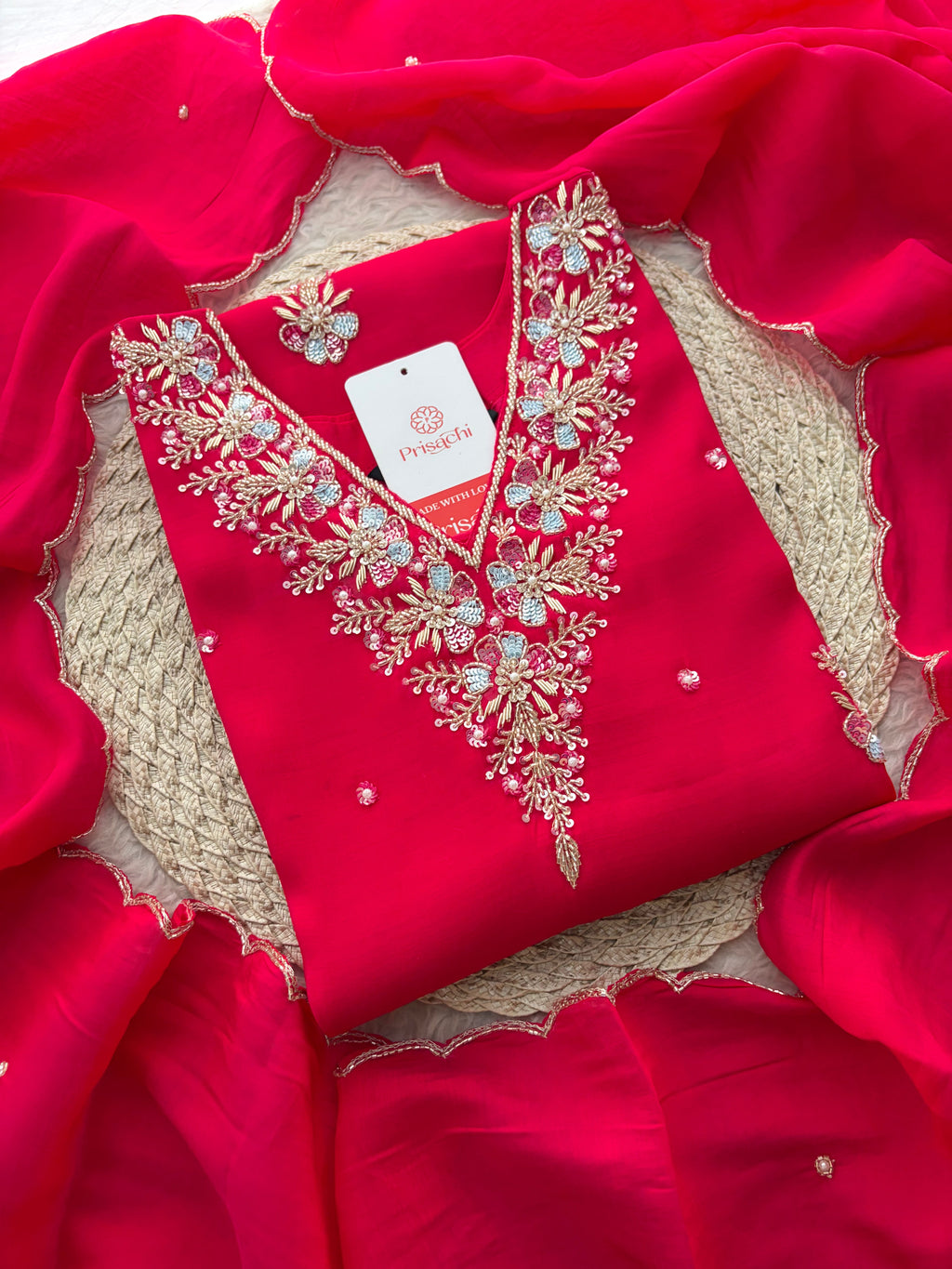 Orange Zardozi Embroidered Ethnic Kurta Set for Women with Dupatta & Pants | Festive Traditional Suit Set
