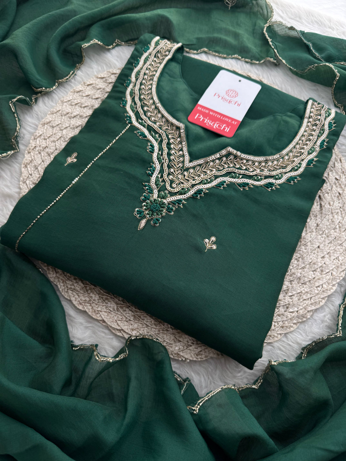 Green  Embroidered Ethnic A-Line kurta set with dupatta and Pants | Traditional Suit Set