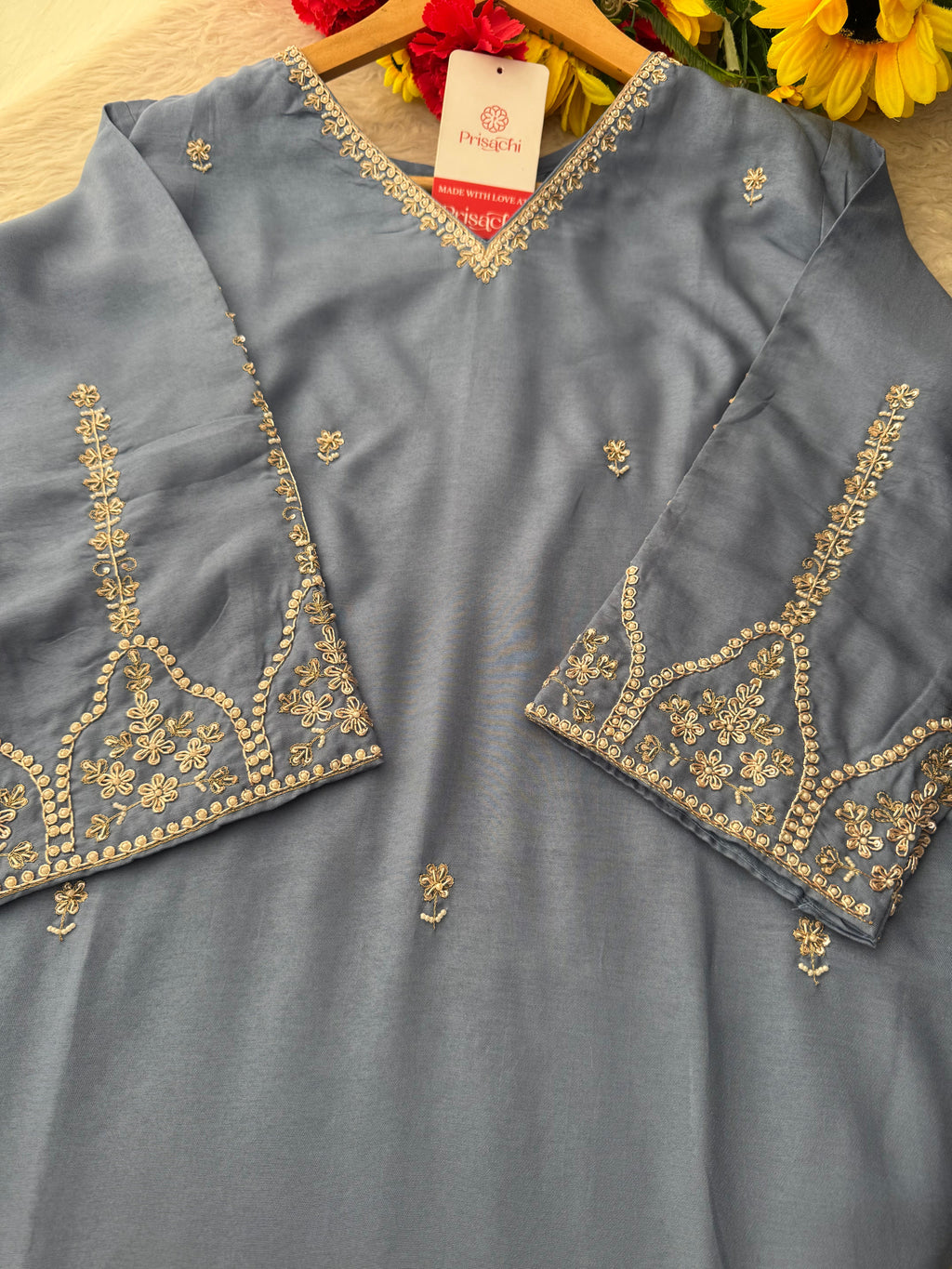 Sky Blue Embroidered Kurta Set with Pants and Dupatta – Elegant Ethnic Suit Set