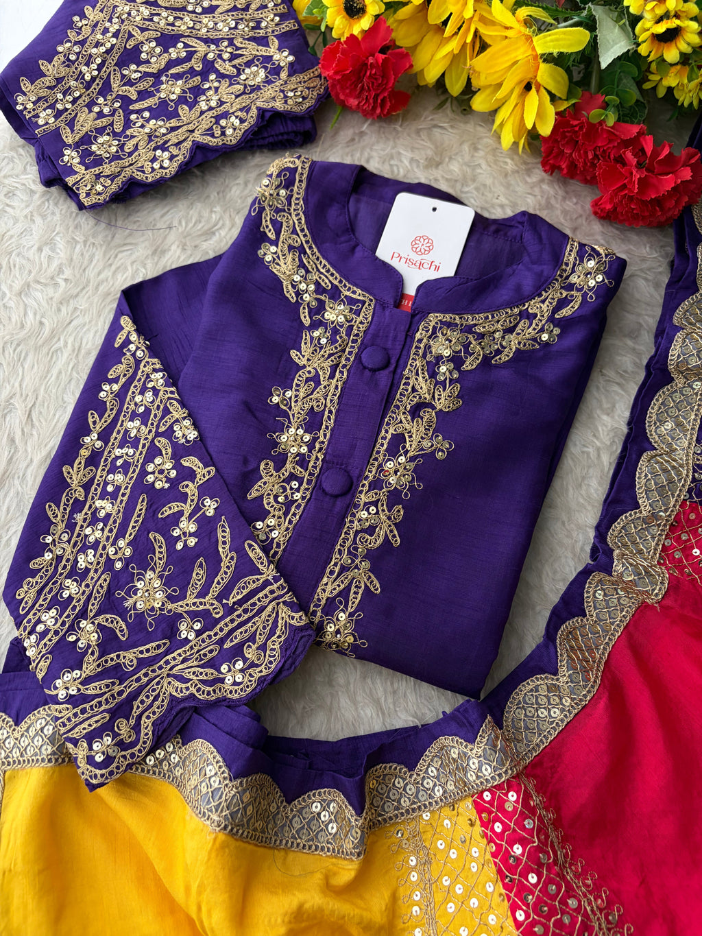 Purple Embroidered Ethnic Kurta Set With Multicolored Dupatta and Pants | Traditional Festive Wear Suit Set
