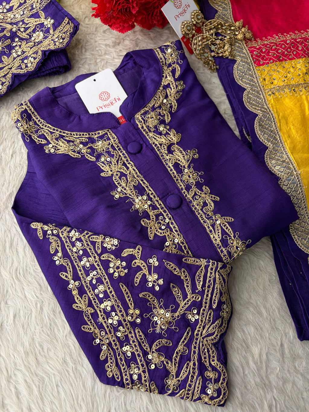 Purple Embroidered Ethnic Kurta Set With Multicolored Dupatta and Pants | Traditional Festive Wear Suit Set