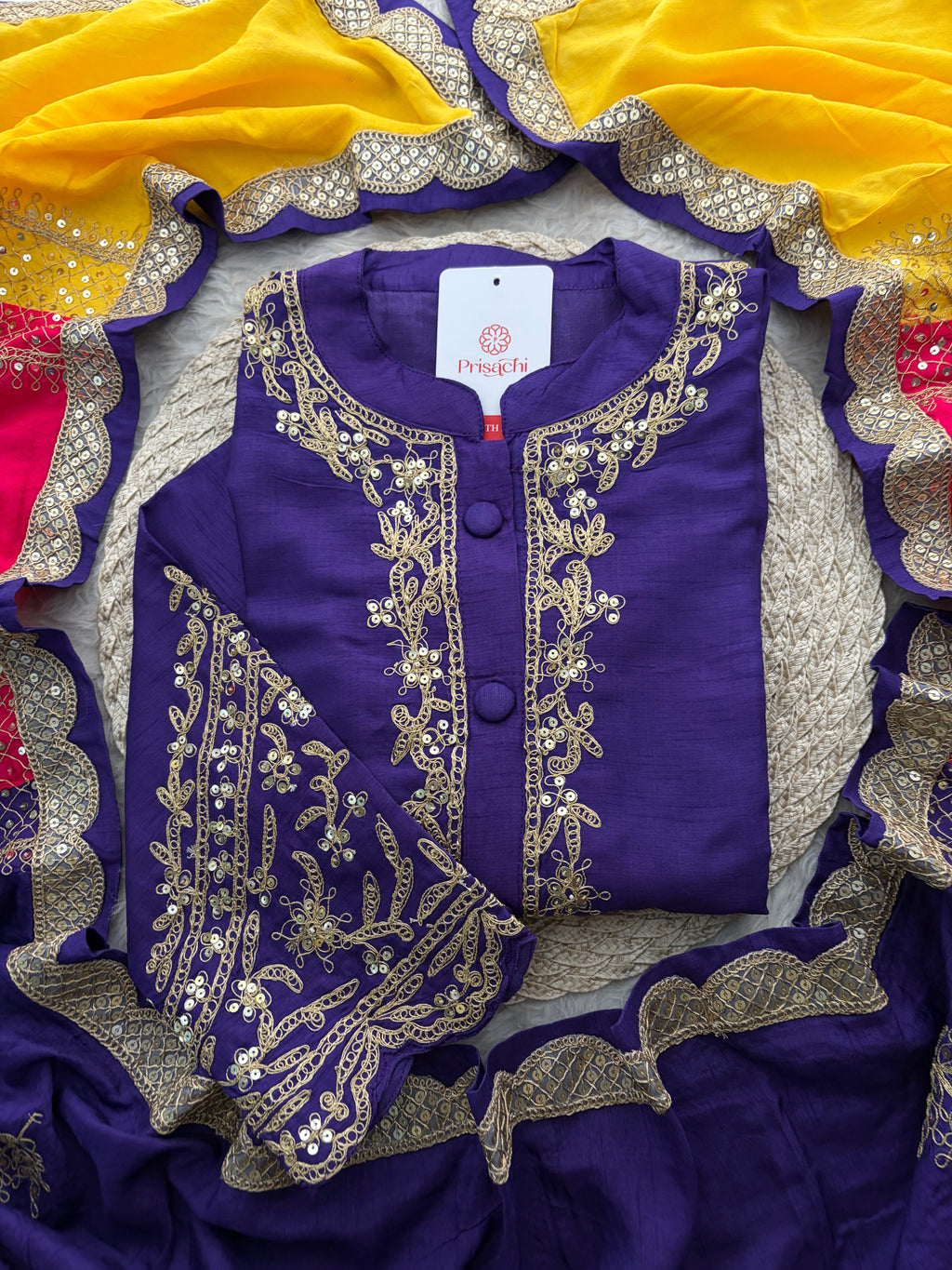Purple Embroidered Ethnic Kurta Set With Multicolored Dupatta and Pants | Traditional Festive Wear Suit Set
