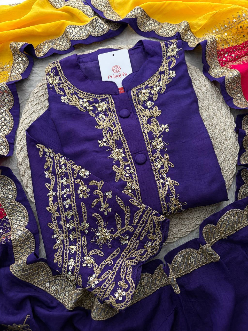 Purple Embroidered Ethnic Kurta Set With Multicolored Dupatta and Pants | Traditional Festive Wear Suit Set
