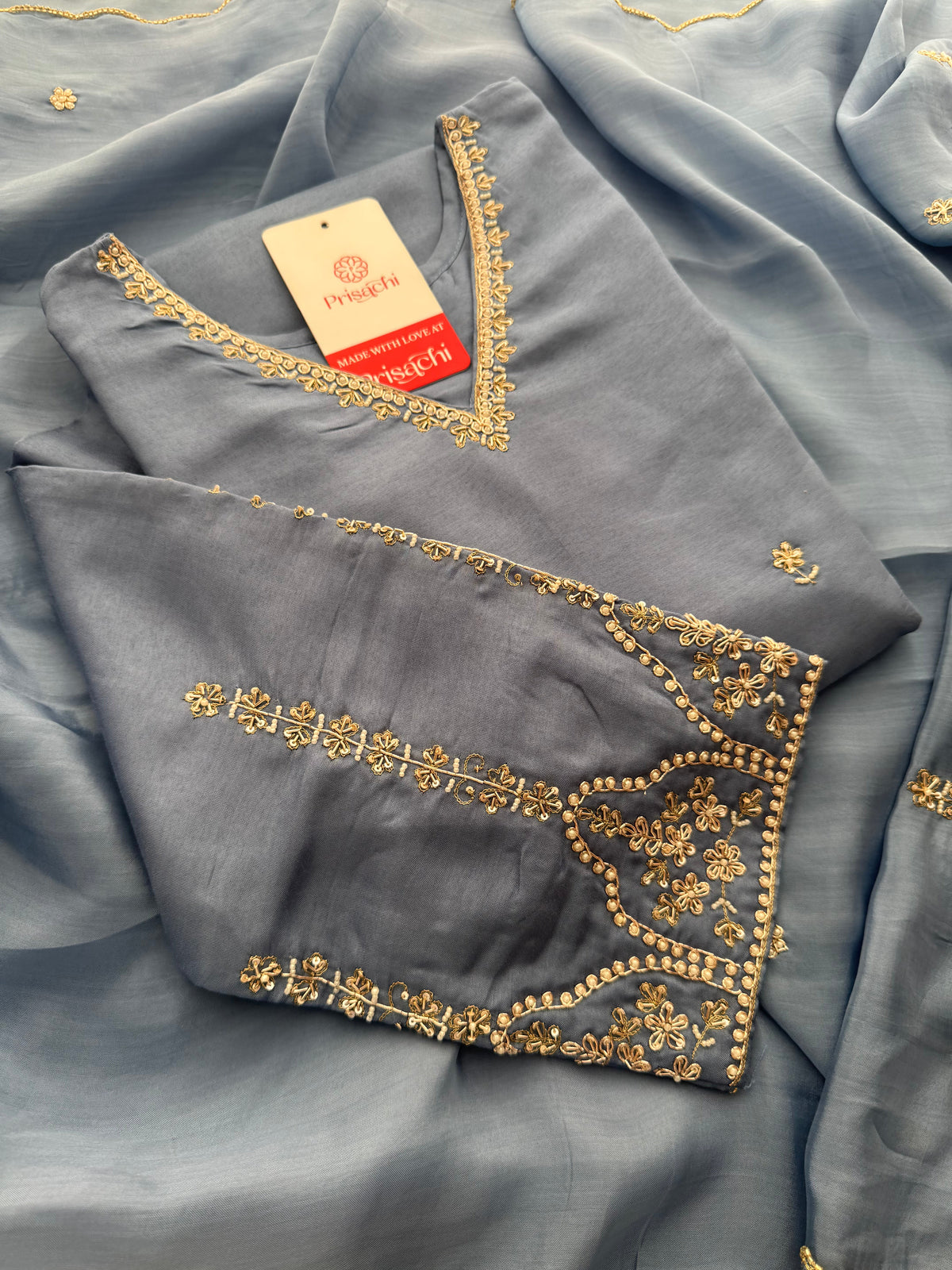 Sky Blue Embroidered Kurta Set with Pants and Dupatta – Elegant Ethnic Suit Set