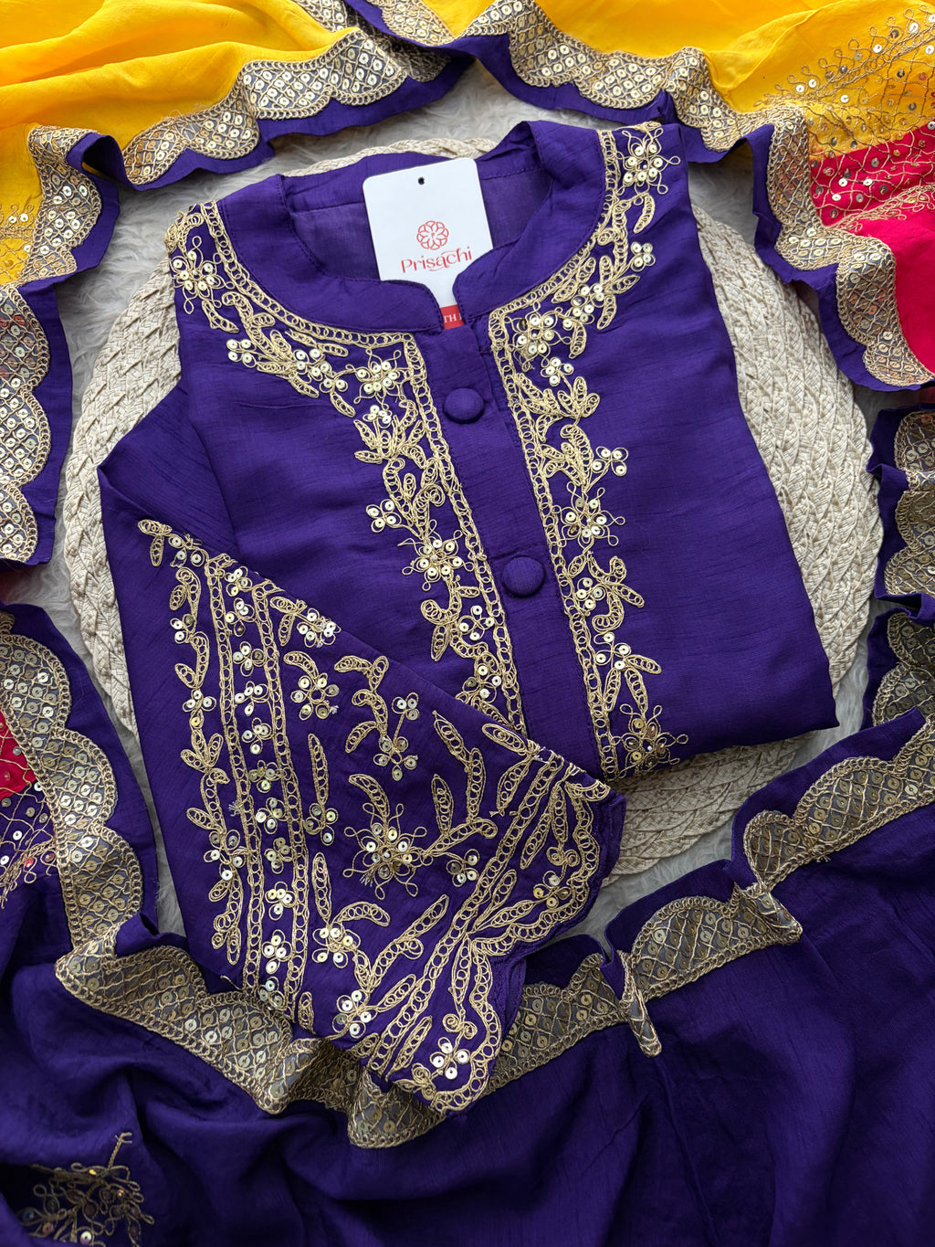 Purple Embroidered Ethnic Kurta Set With Multicolored Dupatta and Pants | Traditional Festive Wear Suit Set