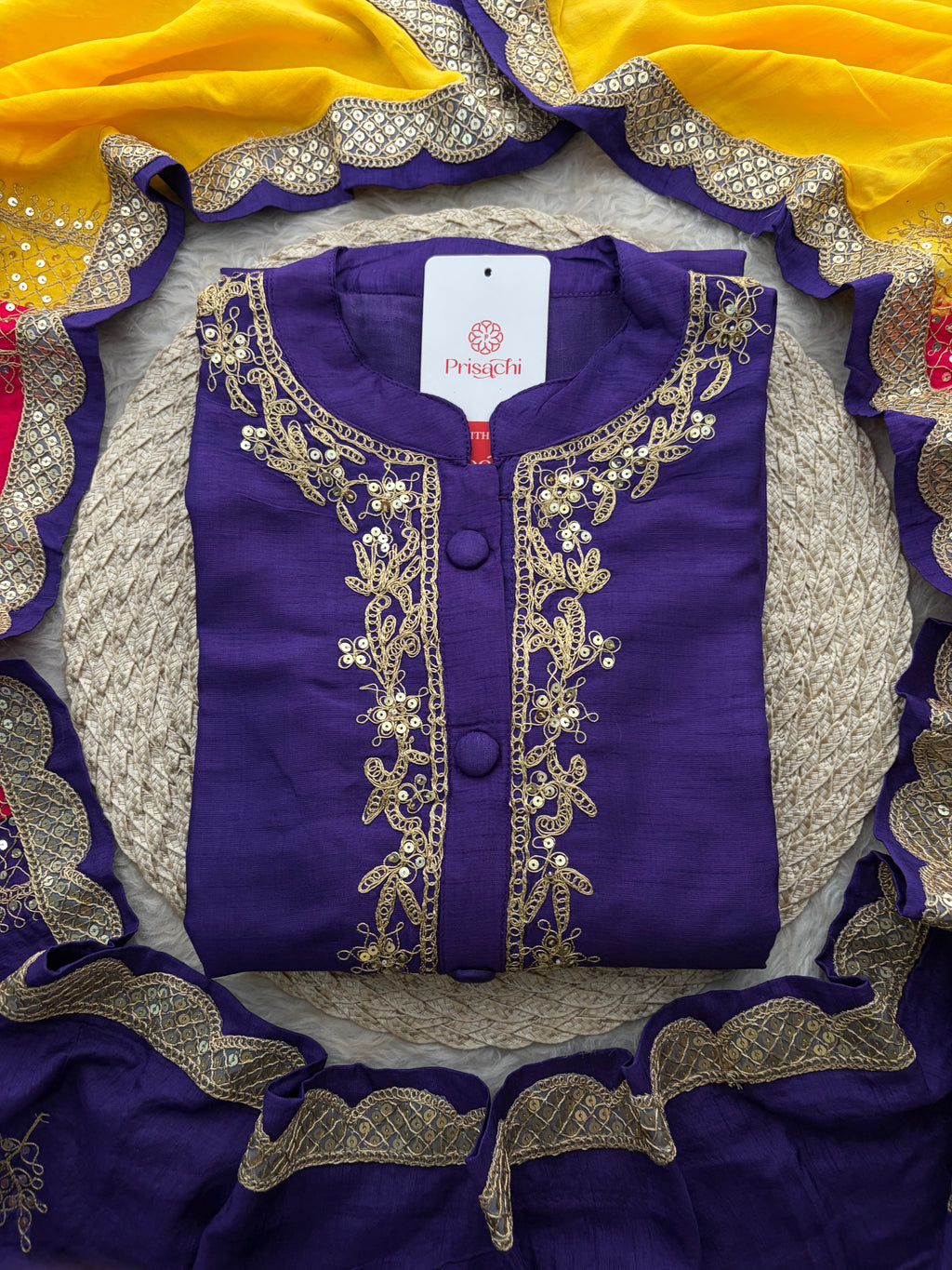 Purple Embroidered Ethnic Kurta Set With Multicolored Dupatta and Pants | Traditional Festive Wear Suit Set