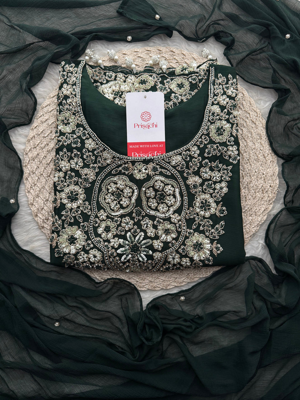 Deep Green Zardozi Embroidered Ethnic Kurta Set with Bell Bottom Pants & Dupatta