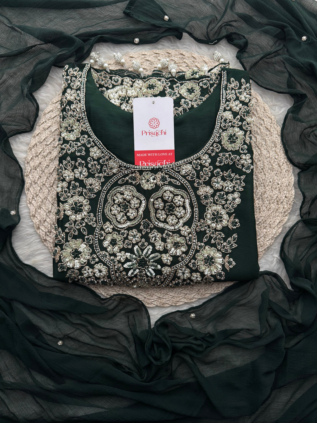 Deep Green Zardozi Embroidered Ethnic Kurta Set with Bell Bottom Pants & Dupatta