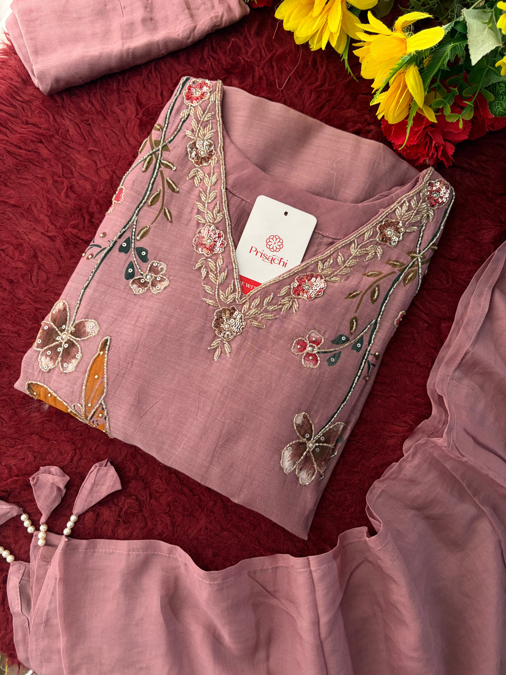Mauve Embroidered A-Line Ethnic kurta set with dupatta and Pants