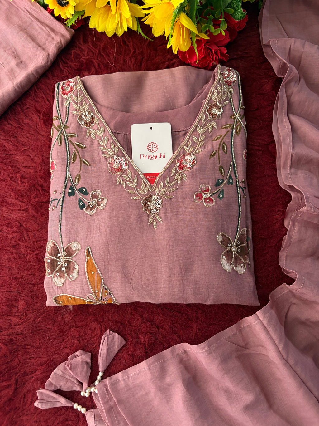 Mauve Embroidered A-Line Ethnic kurta set with dupatta and Pants