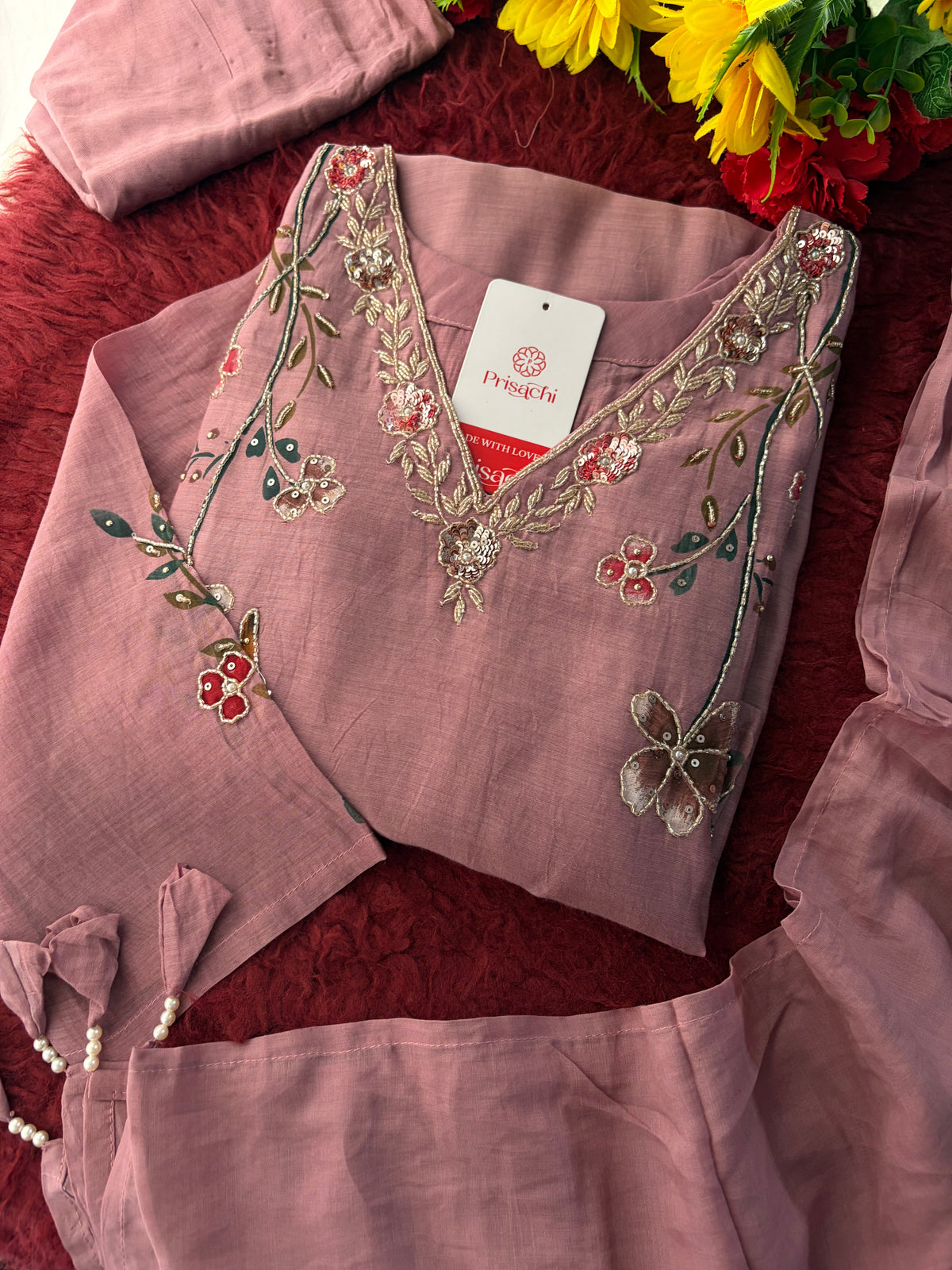 Mauve Embroidered A-Line Ethnic kurta set with dupatta and Pants