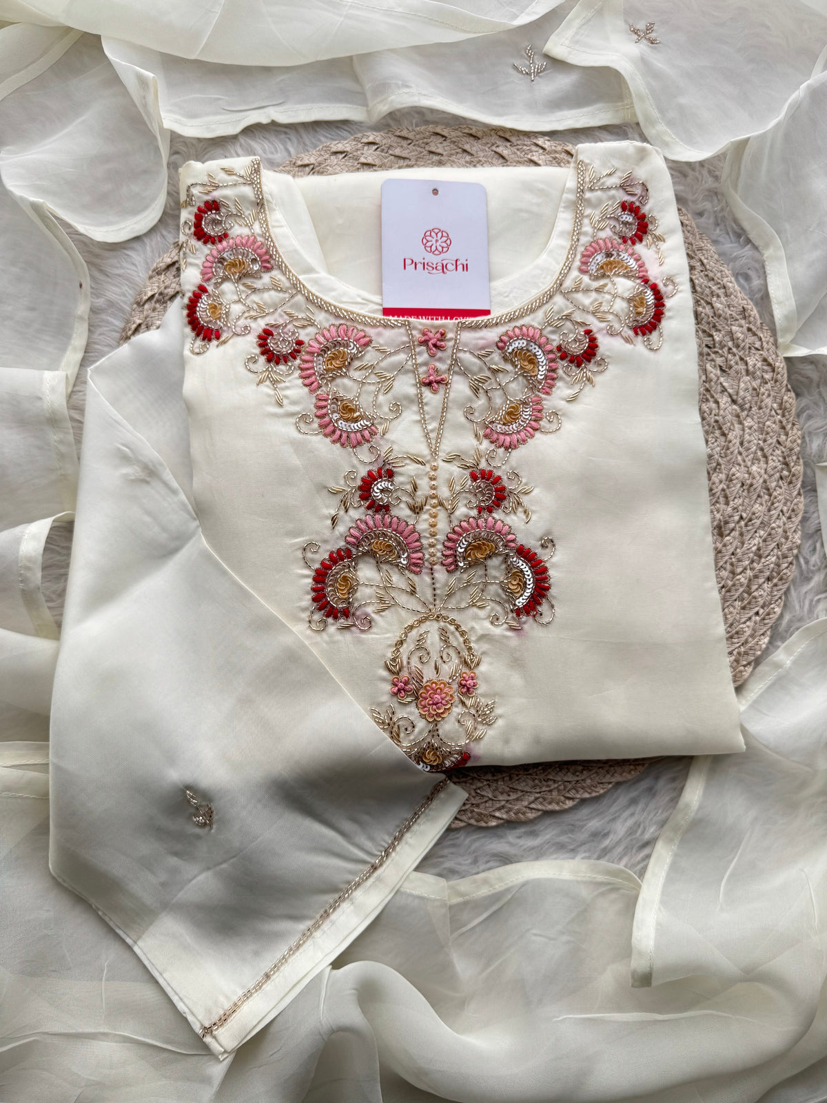 White Zardozi Embroidered Kurta Set with Dupatta & Pants for Women | Traditional Ethnic Suit Set