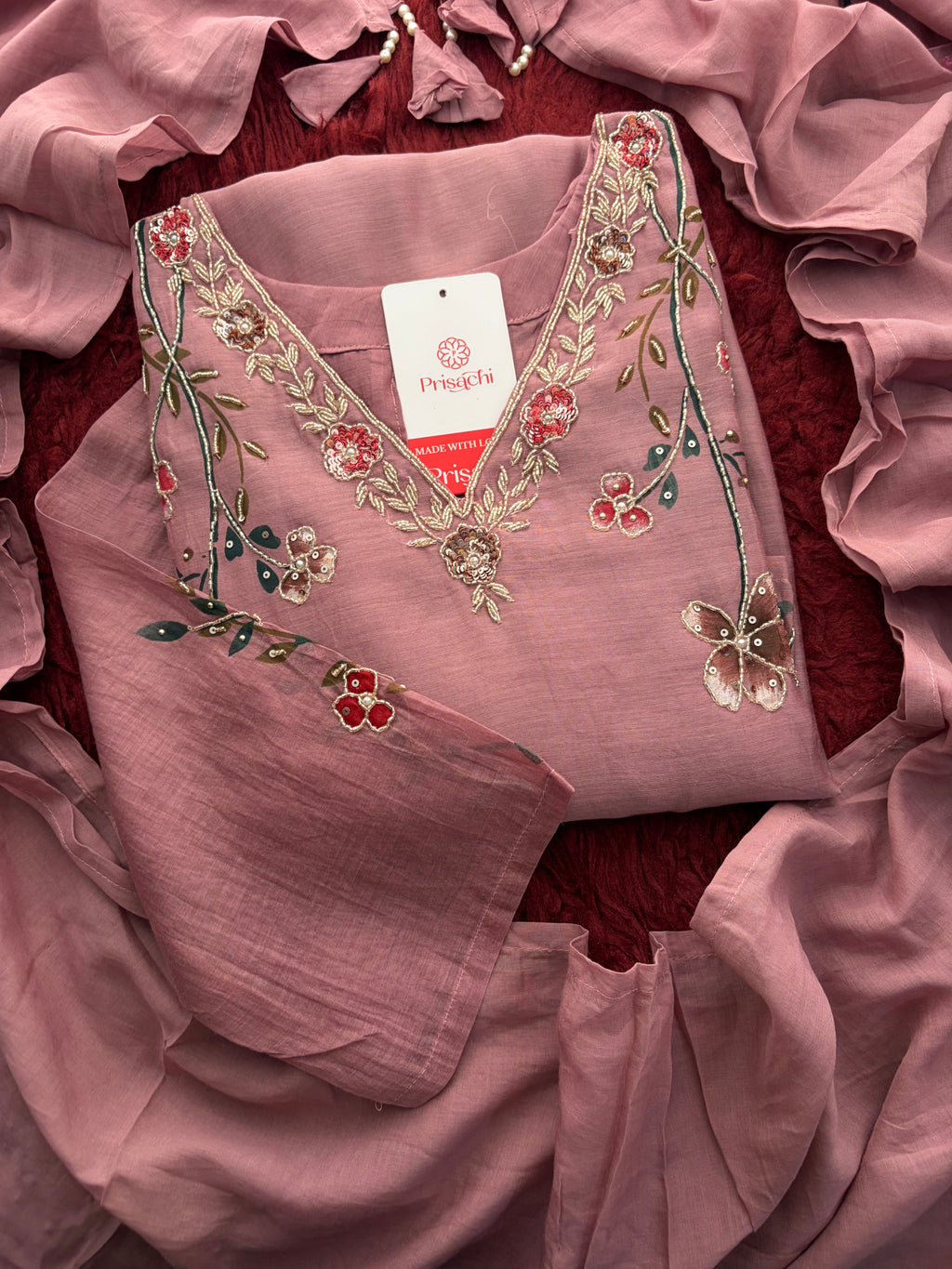Mauve Embroidered A-Line Ethnic kurta set with dupatta and Pants