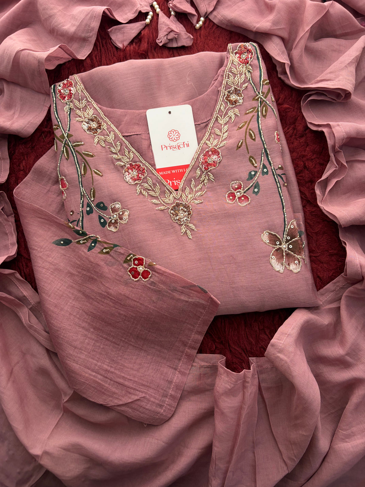 Mauve Embroidered A-Line Ethnic kurta set with dupatta and Pants