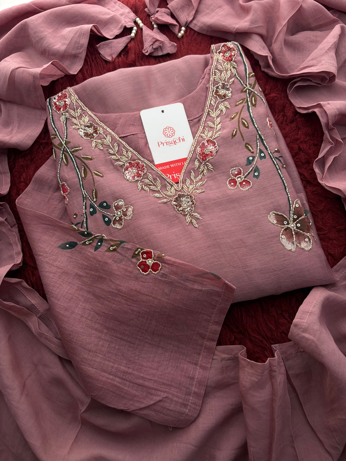 Mauve Embroidered A-Line Ethnic kurta set with dupatta and Pants