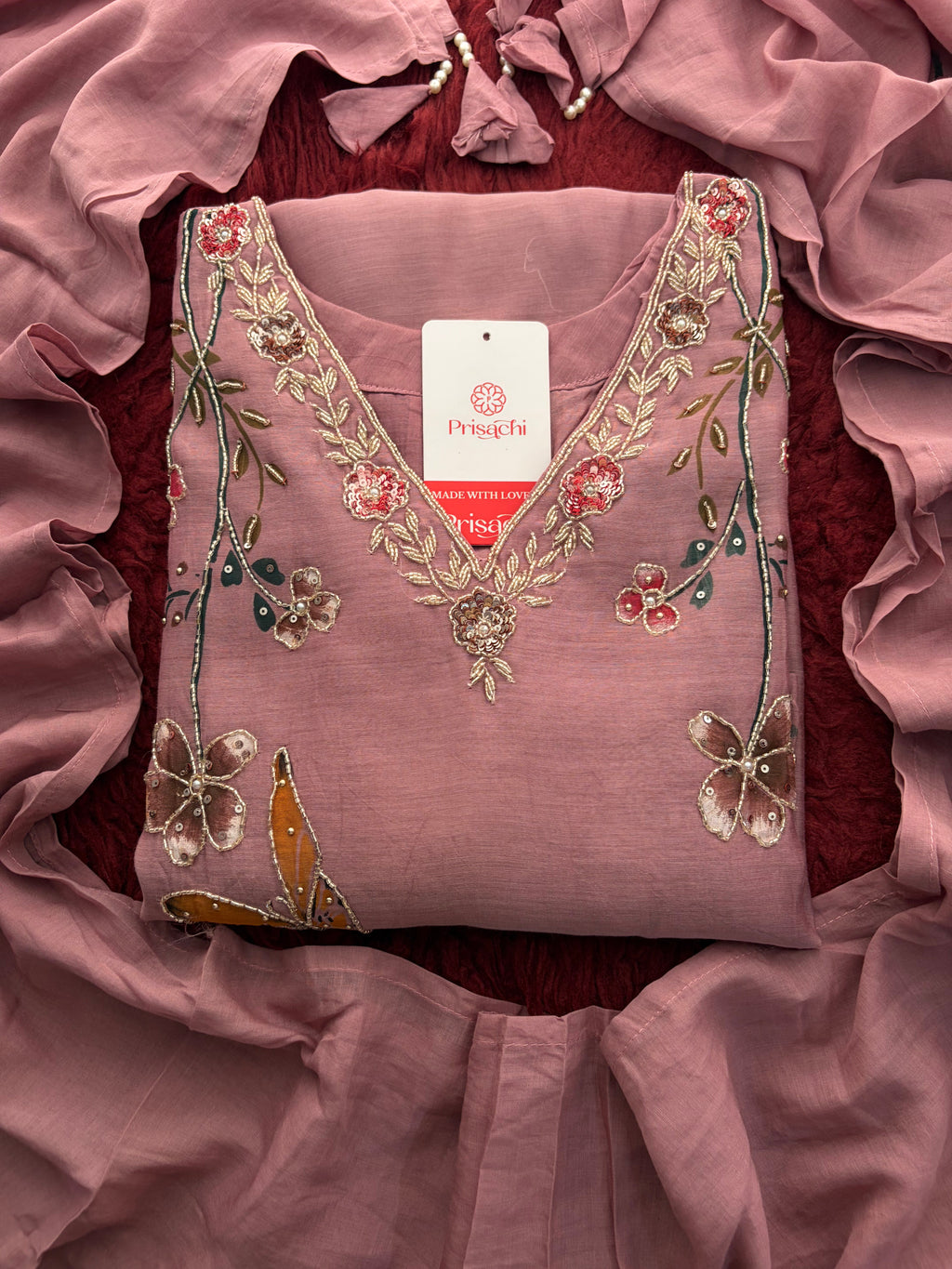 Mauve Embroidered A-Line Ethnic kurta set with dupatta and Pants