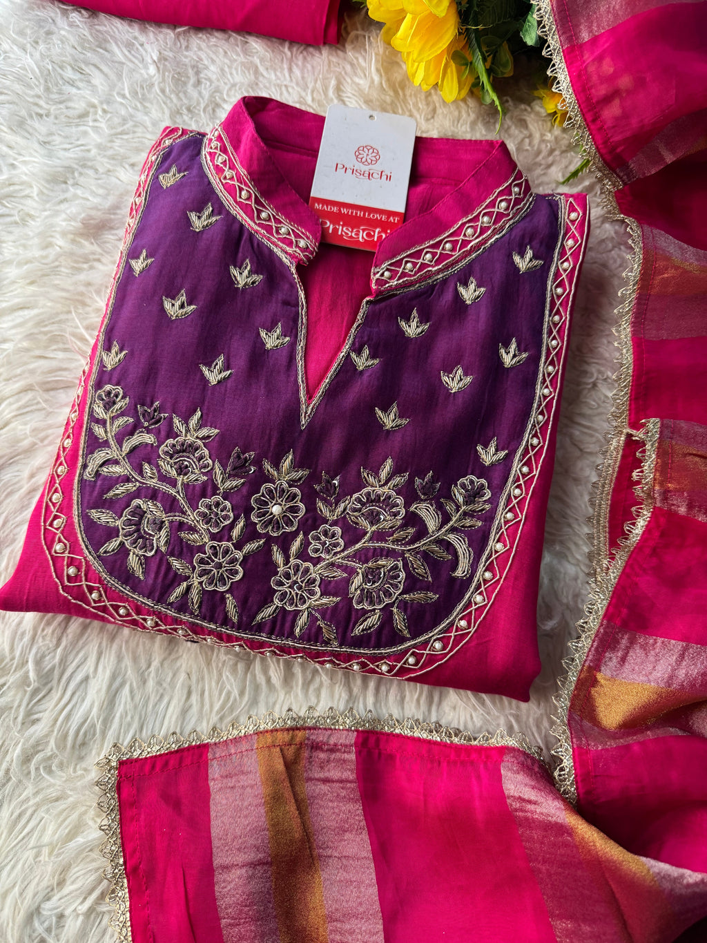 Pink hand embroidered A Line kurta pant with dupatta