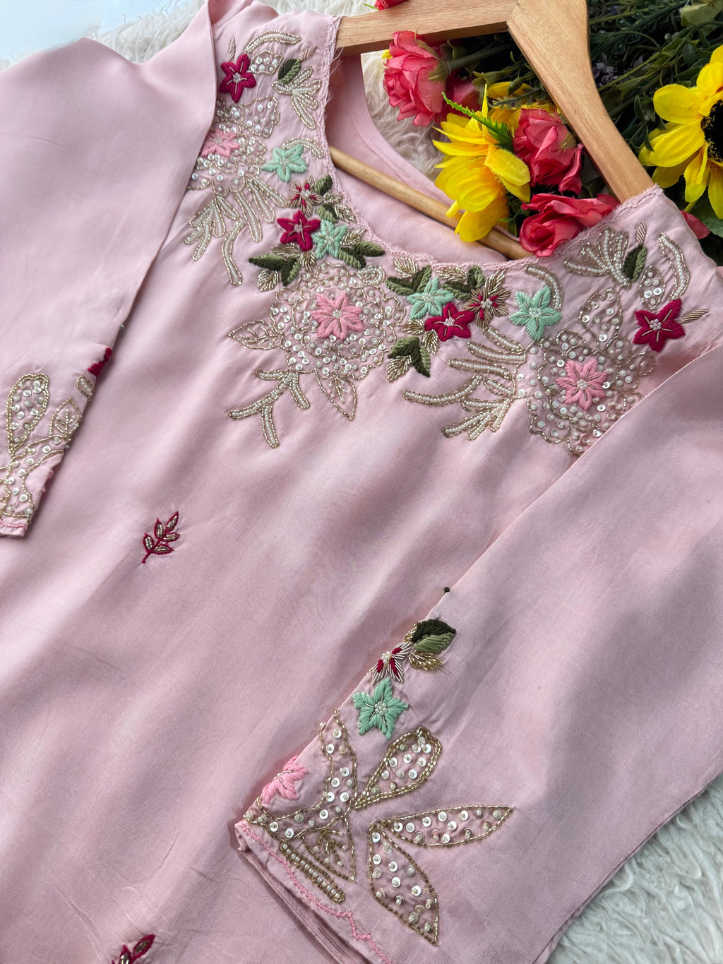 Prisachi Pink Embroidered Kurta Set with Palazzo & Dupatta for Women